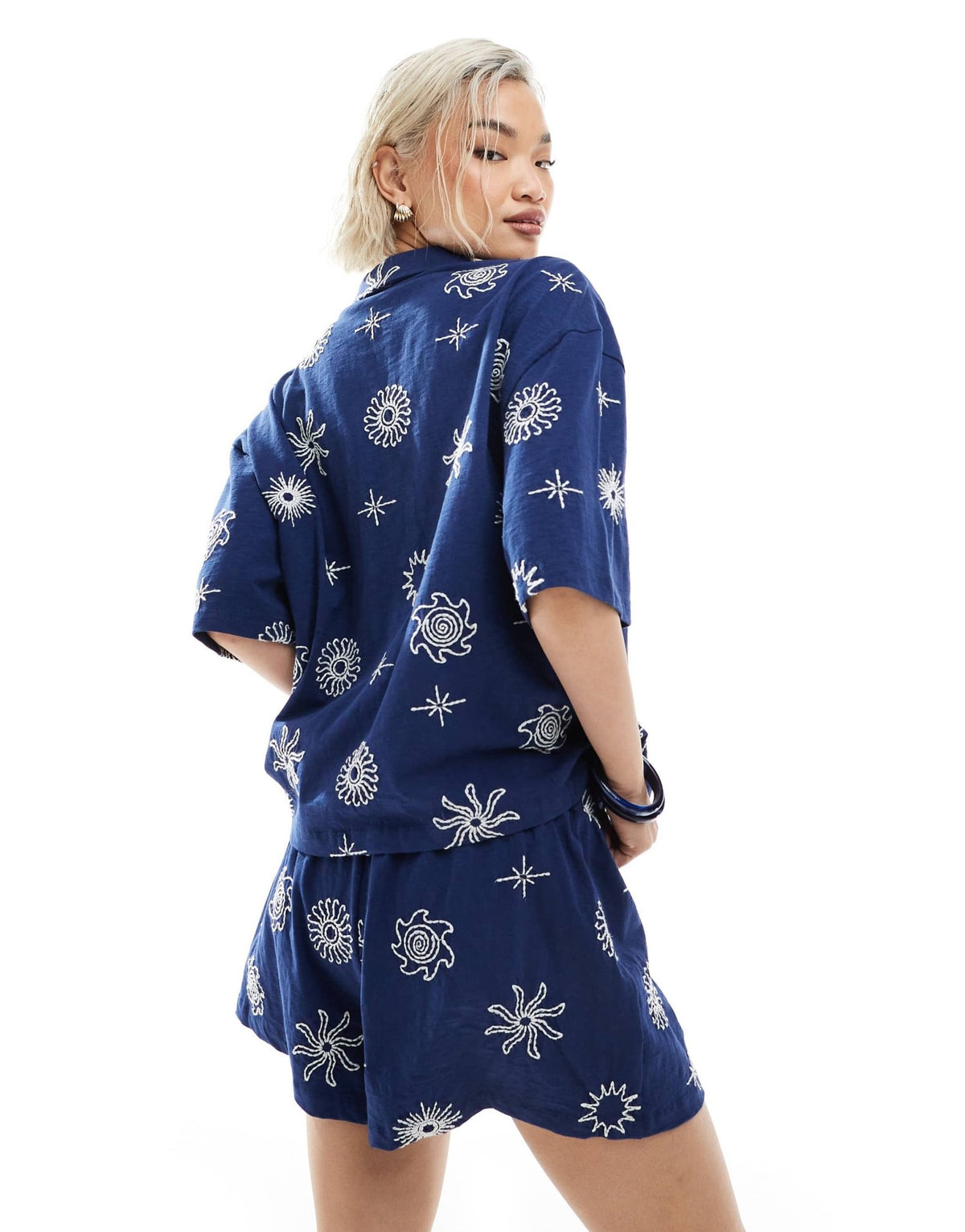 ASOS DESIGN boxer short co-ord with solstice embroidery in navy - ASOS Sample Sale