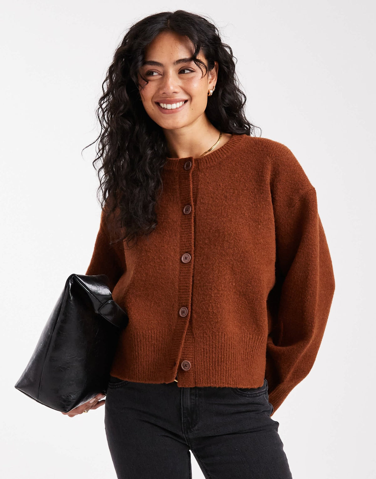 ASOS DESIGN boxy crew neck cardigan with side split detail in toffee - ASOS Sample Sale