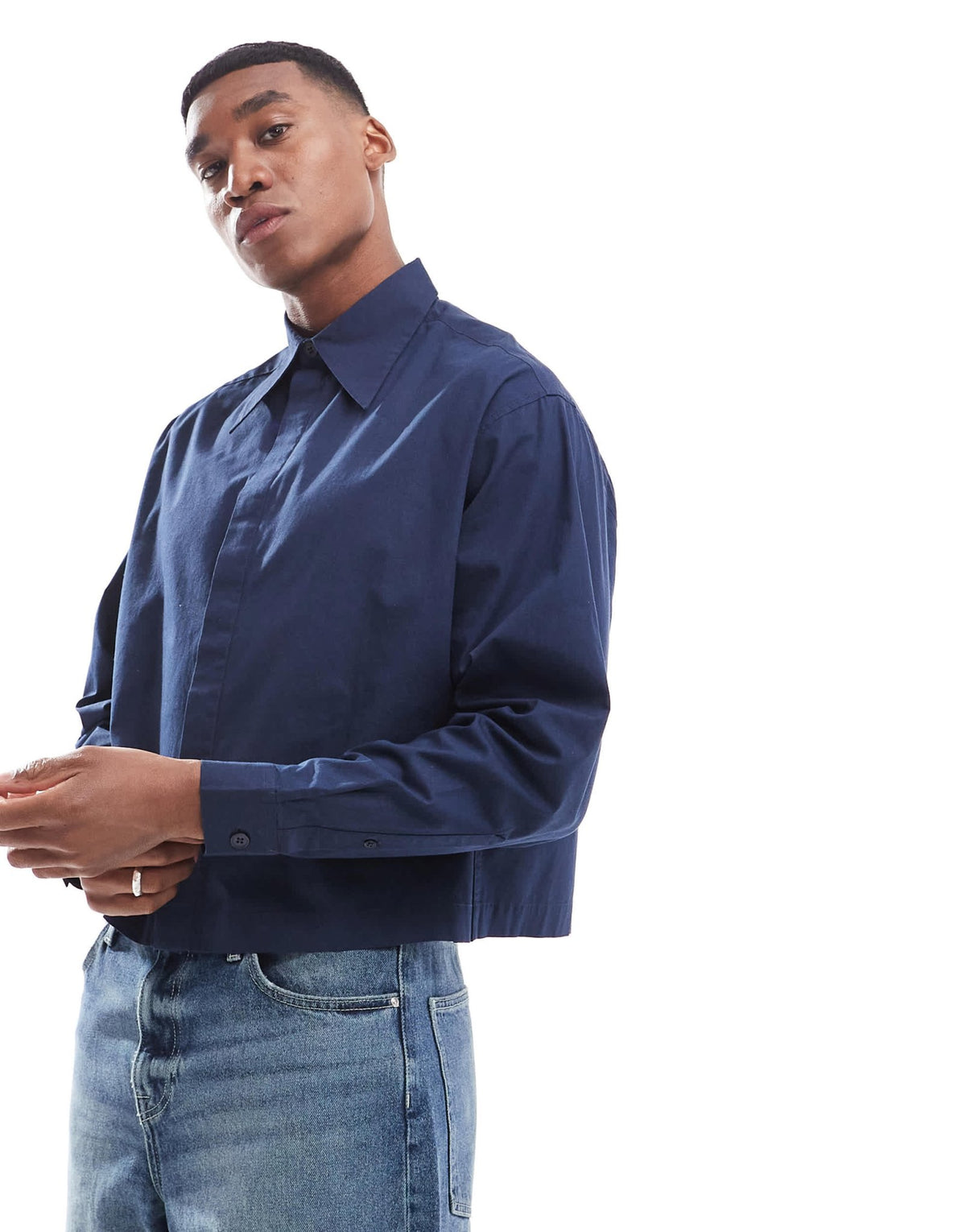ASOS DESIGN boxy cropped 70s collar poplin shirt in navy - ASOS Sample Sale