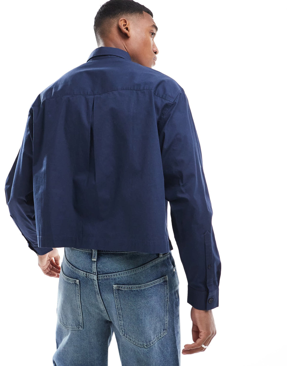 ASOS DESIGN boxy cropped 70s collar poplin shirt in navy - ASOS Sample Sale