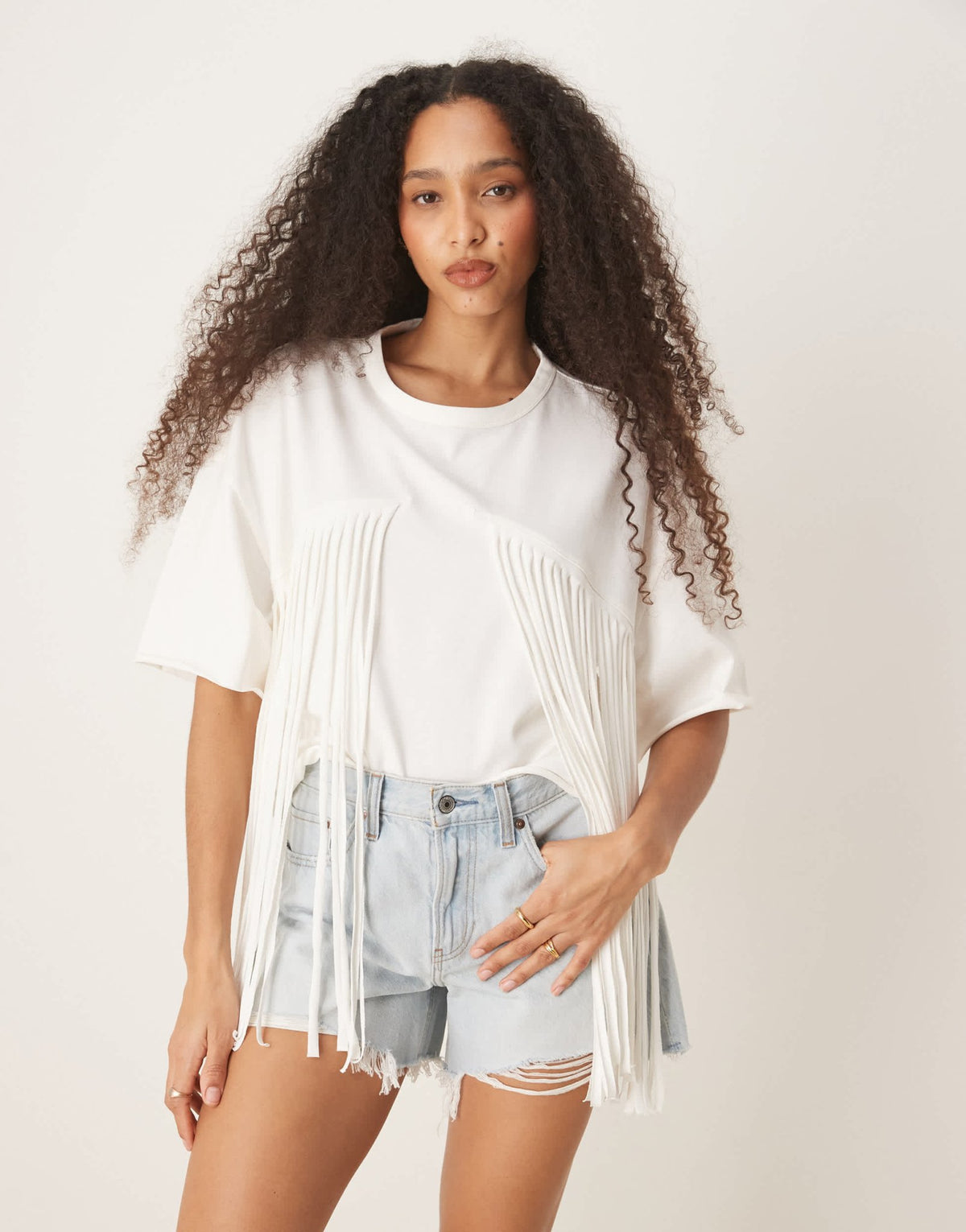 ASOS DESIGN boxy cropped t-shirt with fringe detail in cream - ASOS Sample Sale