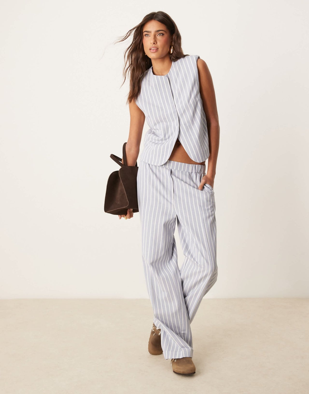ASOS DESIGN boxy cutaway waistcoat with linen co-ord in blue and white stripe - ASOS Sample Sale