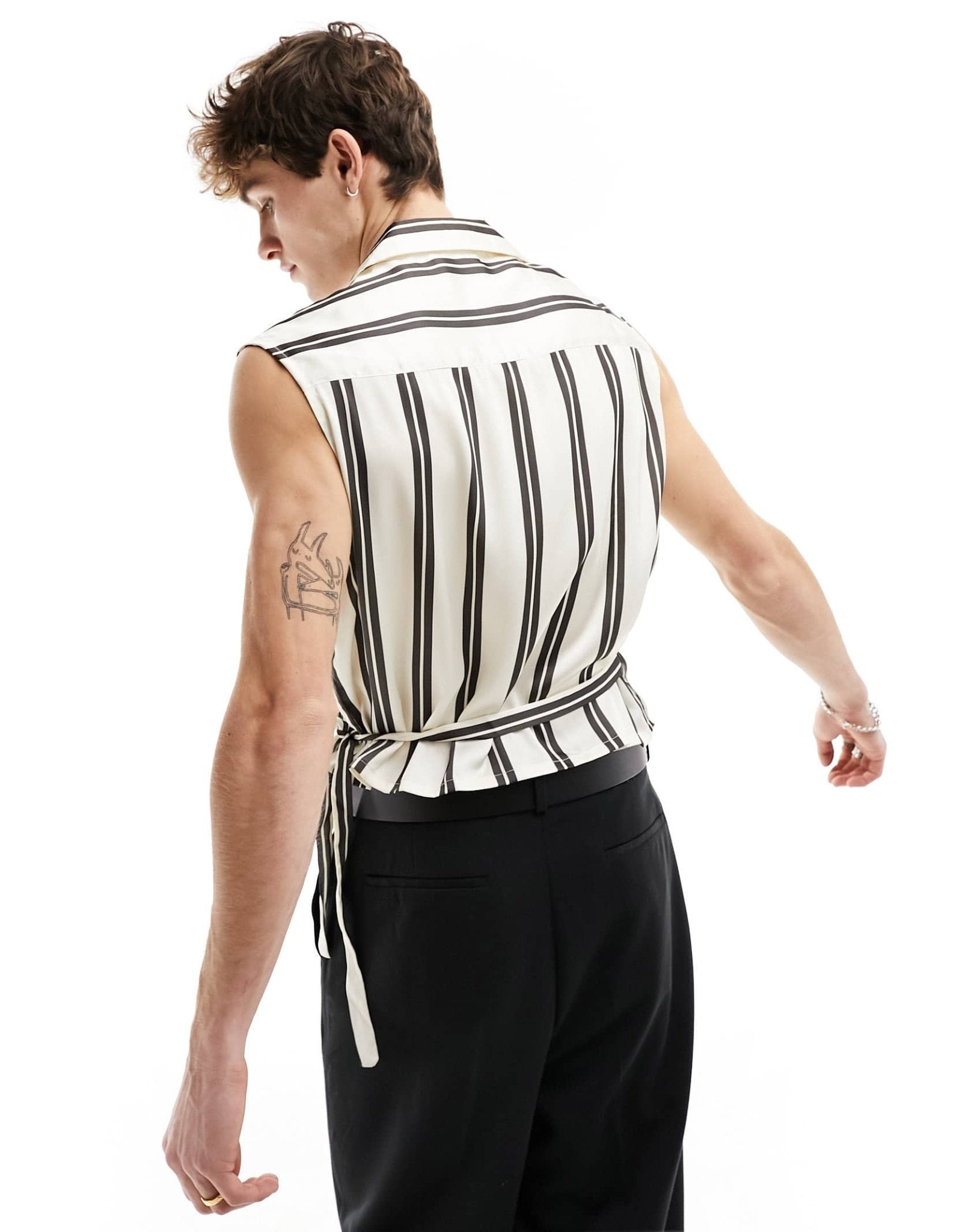 ASOS DESIGN boxy deep revere wrap tie shirt in satin stripe - ASOS Sample Sale