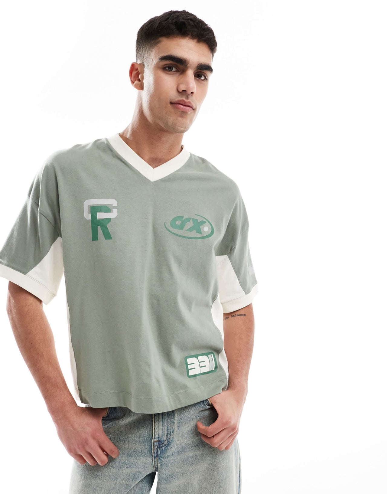 ASOS DESIGN boxy oversized dropped shoulder t-shirt with cut and sew panelling and sports graphics in green - ASOS Sample Sale