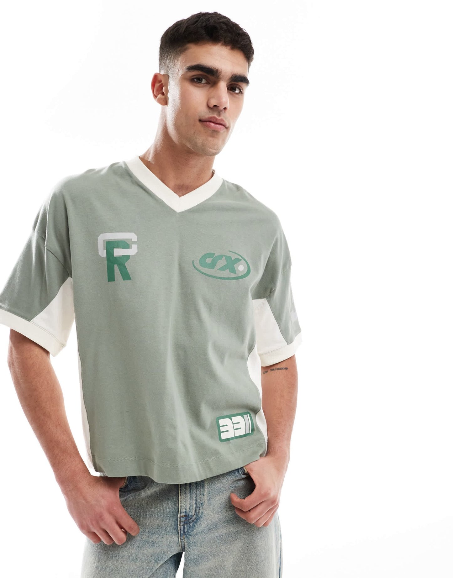 ASOS DESIGN boxy oversized dropped shoulder t-shirt with cut and sew panelling and sports graphics in green - ASOS Sample Sale