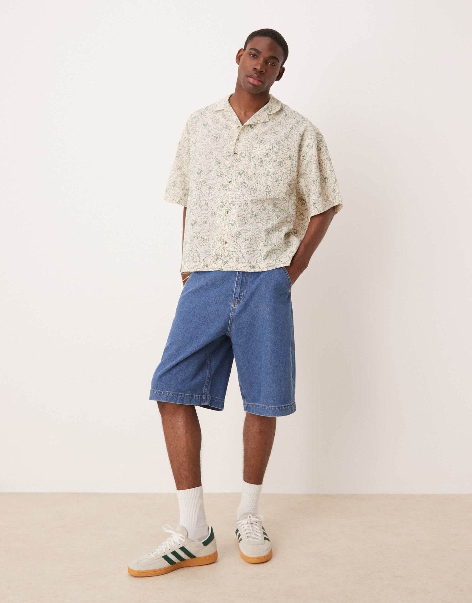 ASOS DESIGN boxy oversized revere linen look shirt with floral print in cream - ASOS Sample Sale