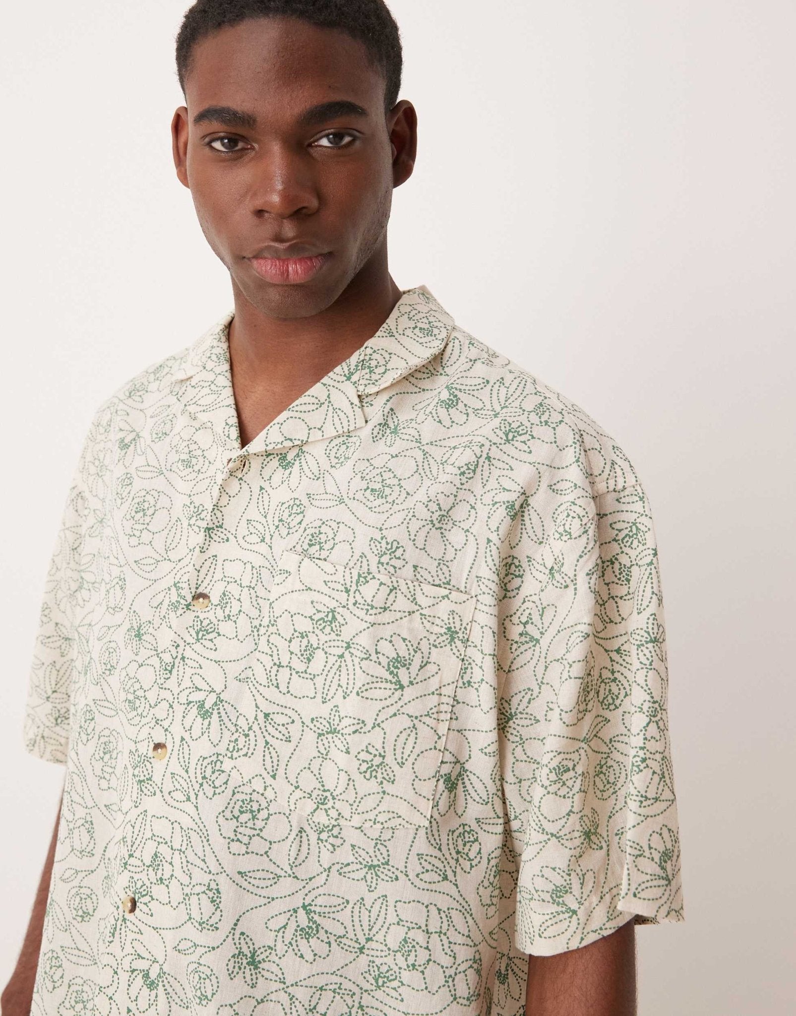 ASOS DESIGN boxy oversized revere linen look shirt with floral print in cream - ASOS Sample Sale