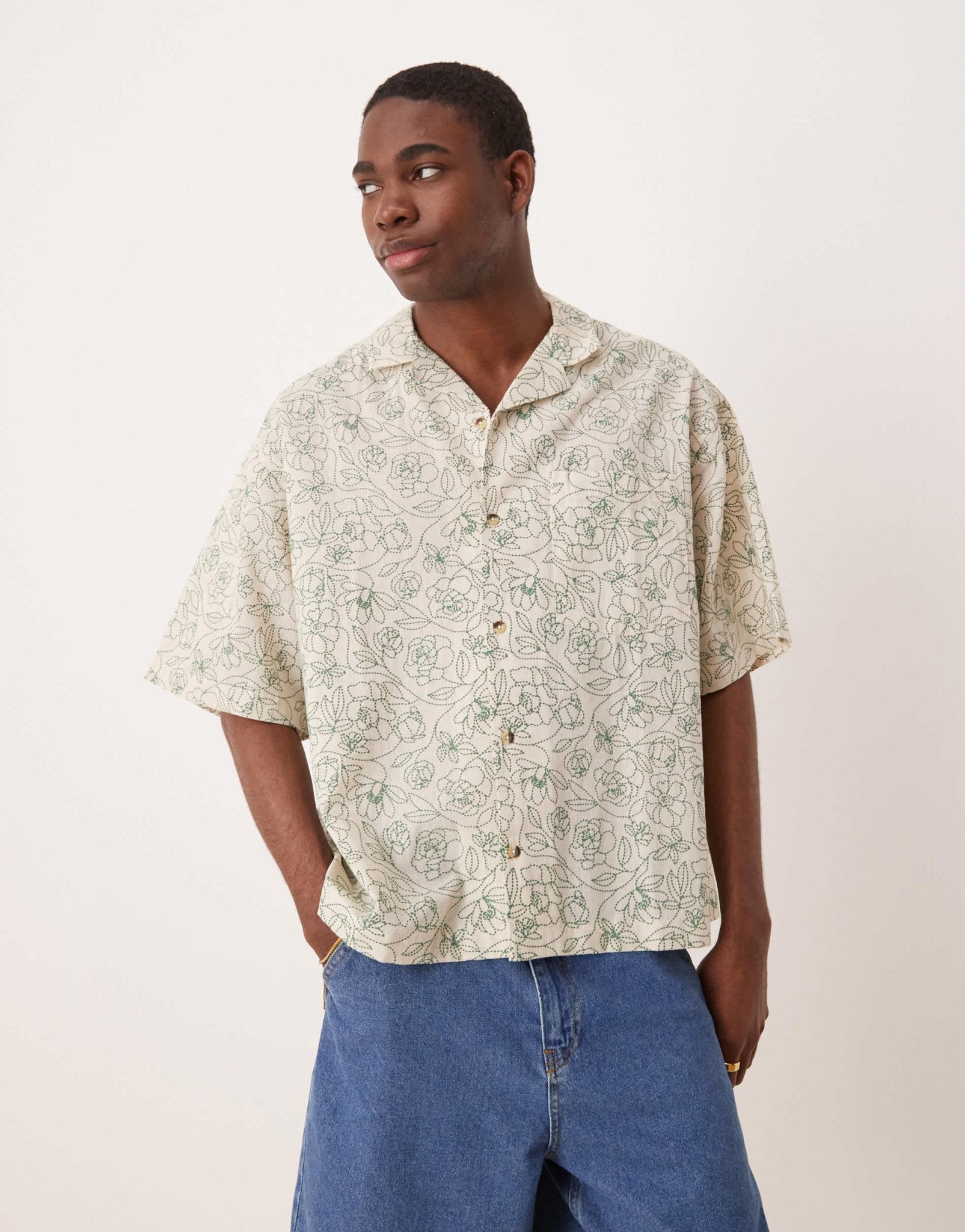 ASOS DESIGN boxy oversized revere linen look shirt with floral print in cream - ASOS Sample Sale