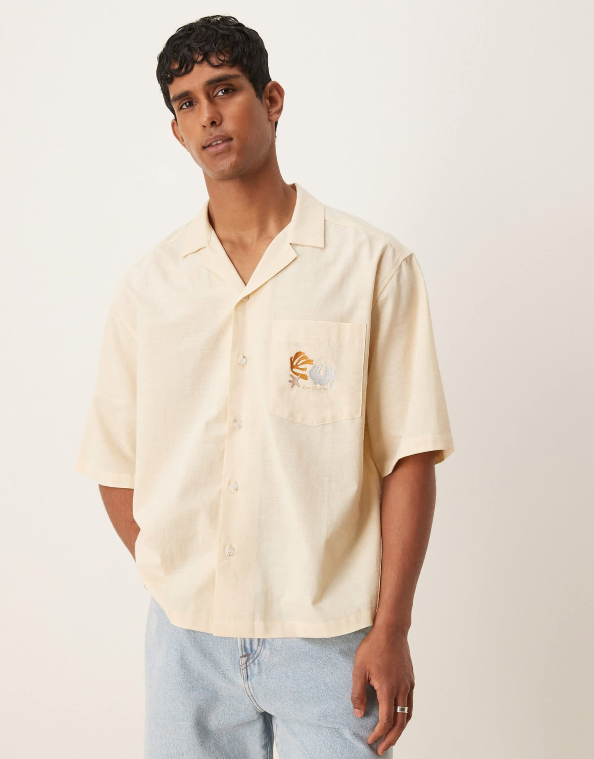 ASOS DESIGN boxy oversized revere shirt with chest embroidery in beige - ASOS Sample Sale