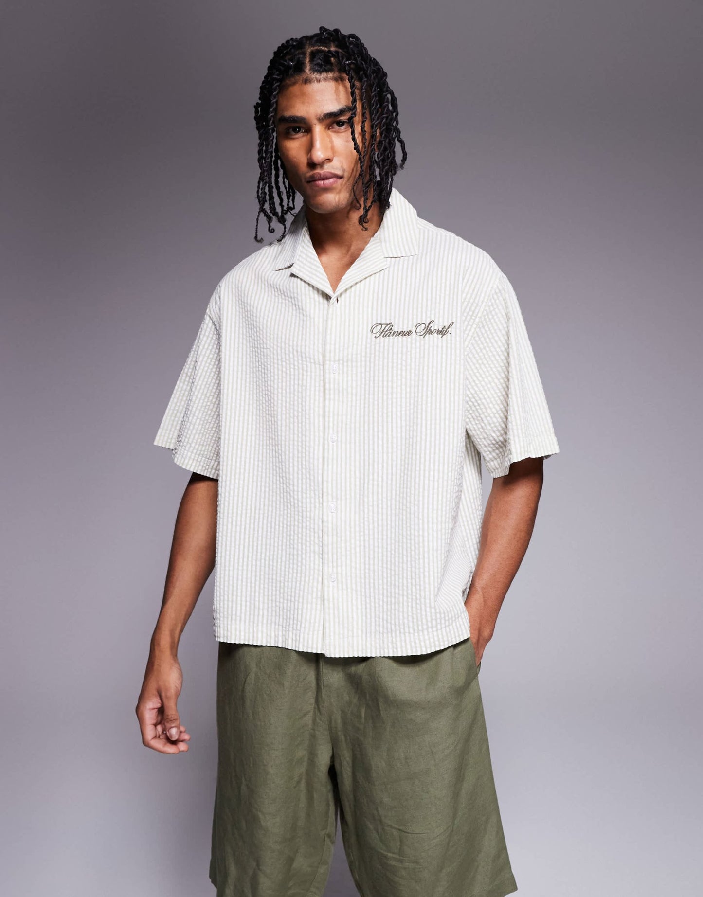 ASOS DESIGN boxy oversized shirt in striped seersucker in sage - ASOS Sample Sale