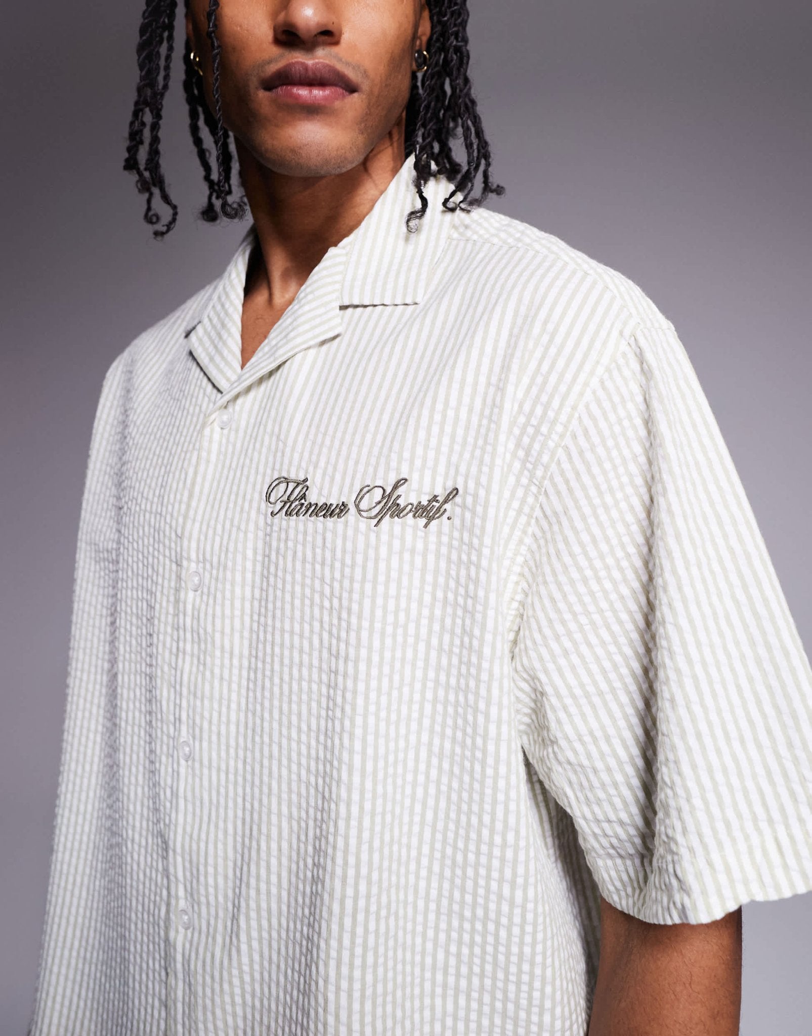 ASOS DESIGN boxy oversized shirt in striped seersucker in sage - ASOS Sample Sale