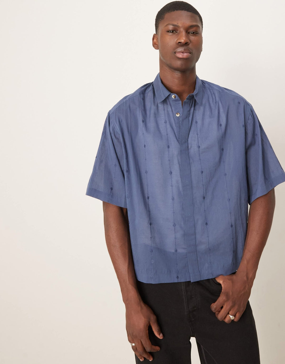 ASOS DESIGN boxy oversized shirt with embroidery in navy - ASOS Sample Sale