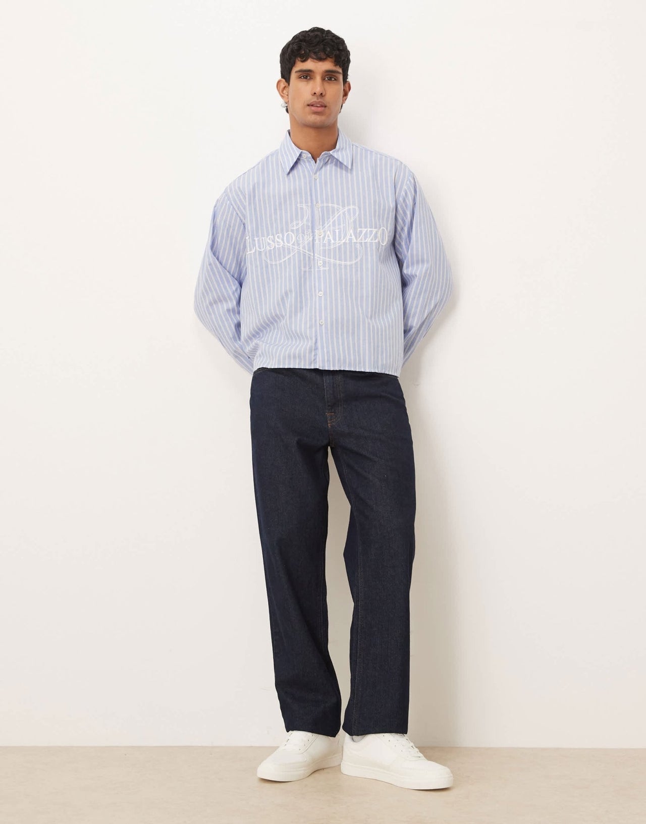 ASOS DESIGN boxy oversized striped shirt with embroidery in blue - ASOS Sample Sale
