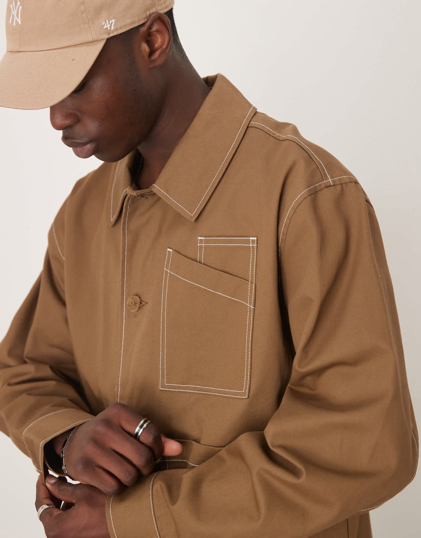 ASOS DESIGN boxy oversized worker jacket with contrast stitch in tan - ASOS Sample Sale