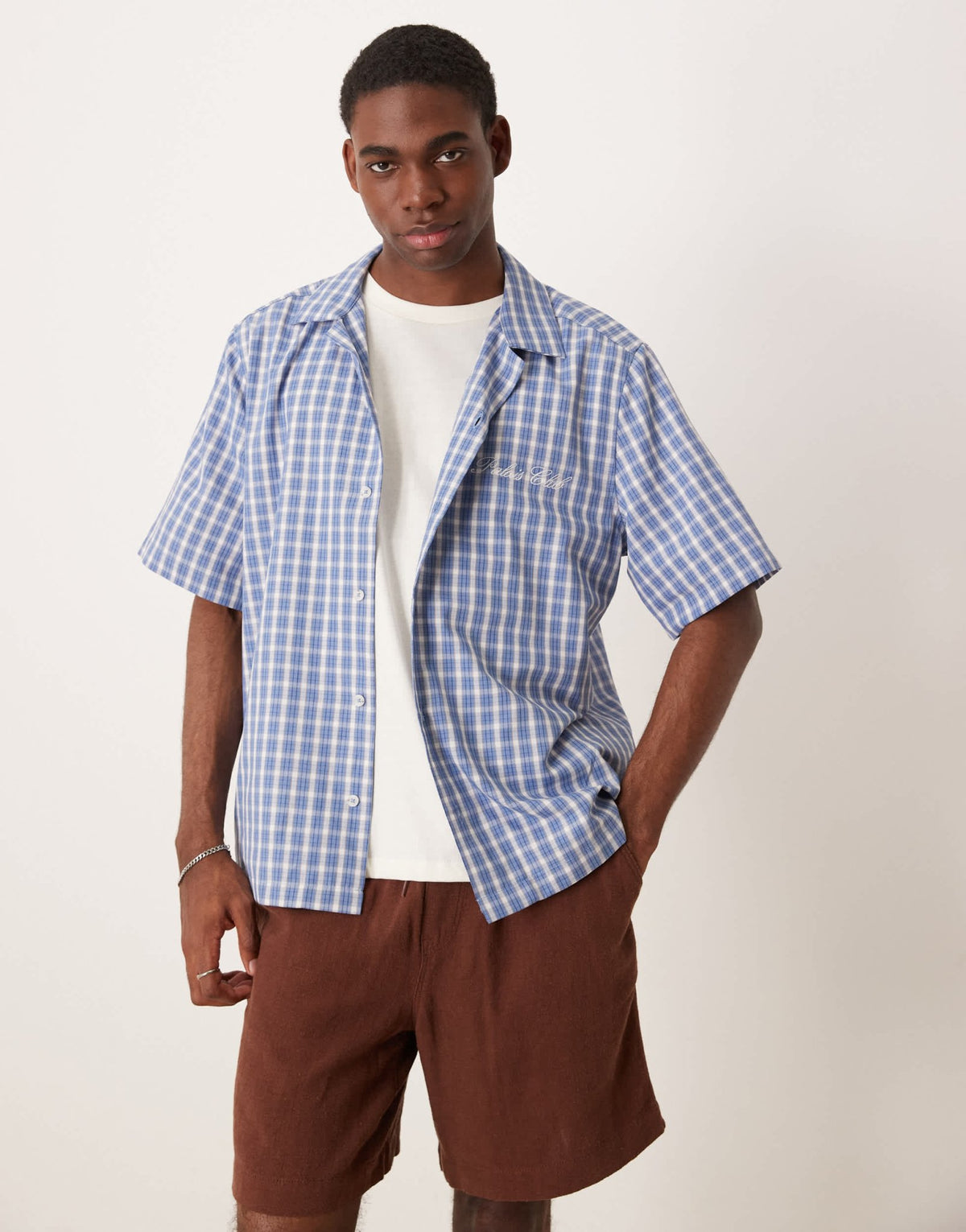 ASOS DESIGN boxy relaxed revere shirt with chest embroidery in blue - ASOS Sample Sale