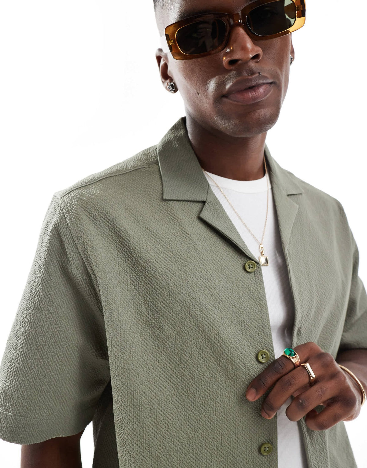 ASOS DESIGN boxy revere seersucker shirt in khaki - ASOS Sample Sale