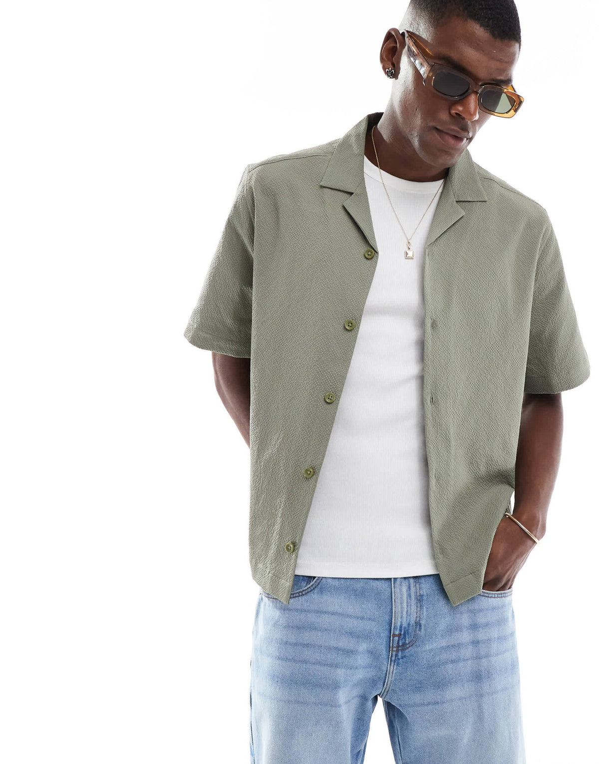 ASOS DESIGN boxy revere seersucker shirt in khaki - ASOS Sample Sale