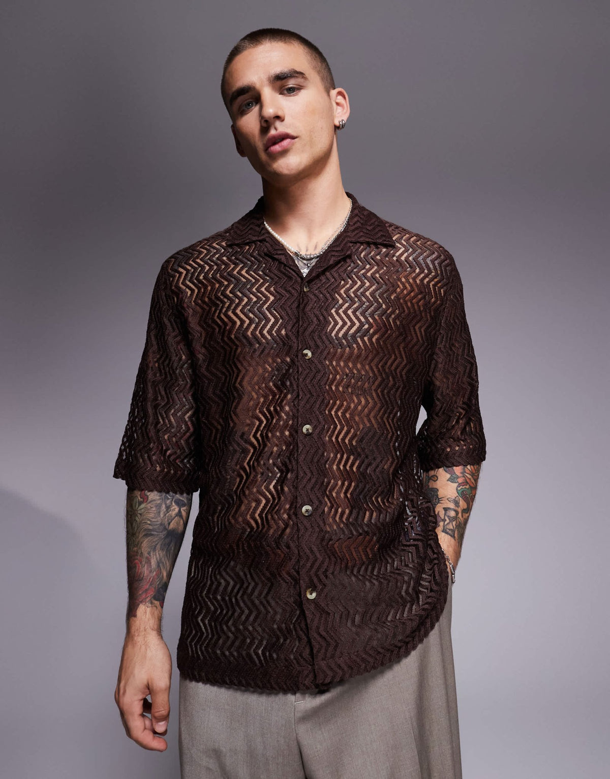 ASOS DESIGN boxy revere shirt crochet shirt in brown - ASOS Sample Sale