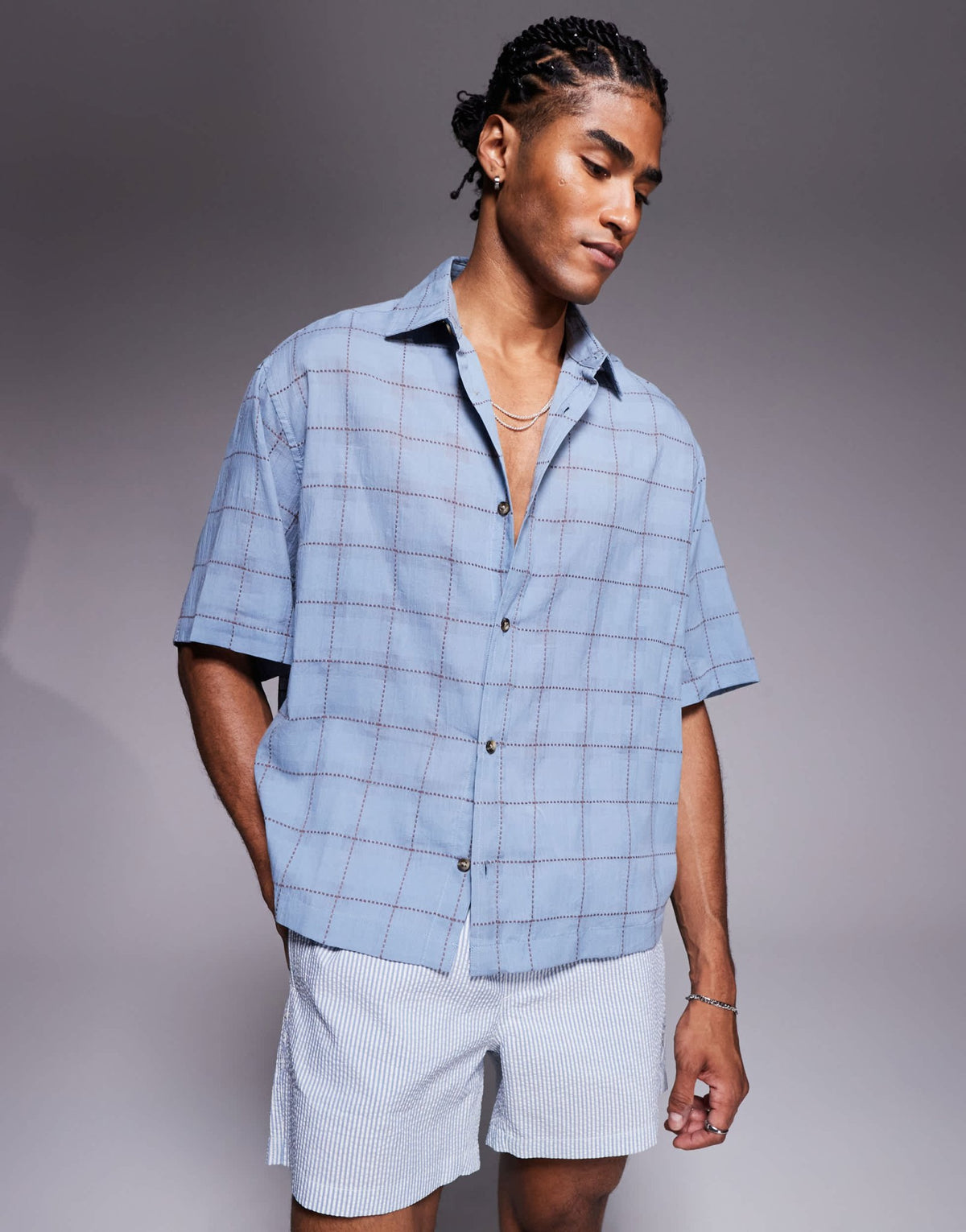 ASOS DESIGN boxy revere shirt with check in blue - ASOS Sample Sale