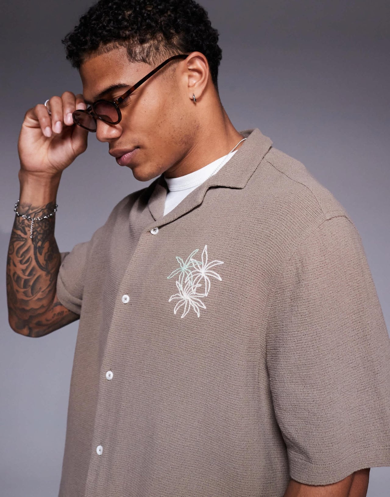 ASOS DESIGN boxy revere shirt with chest embroidery in green - ASOS Sample Sale