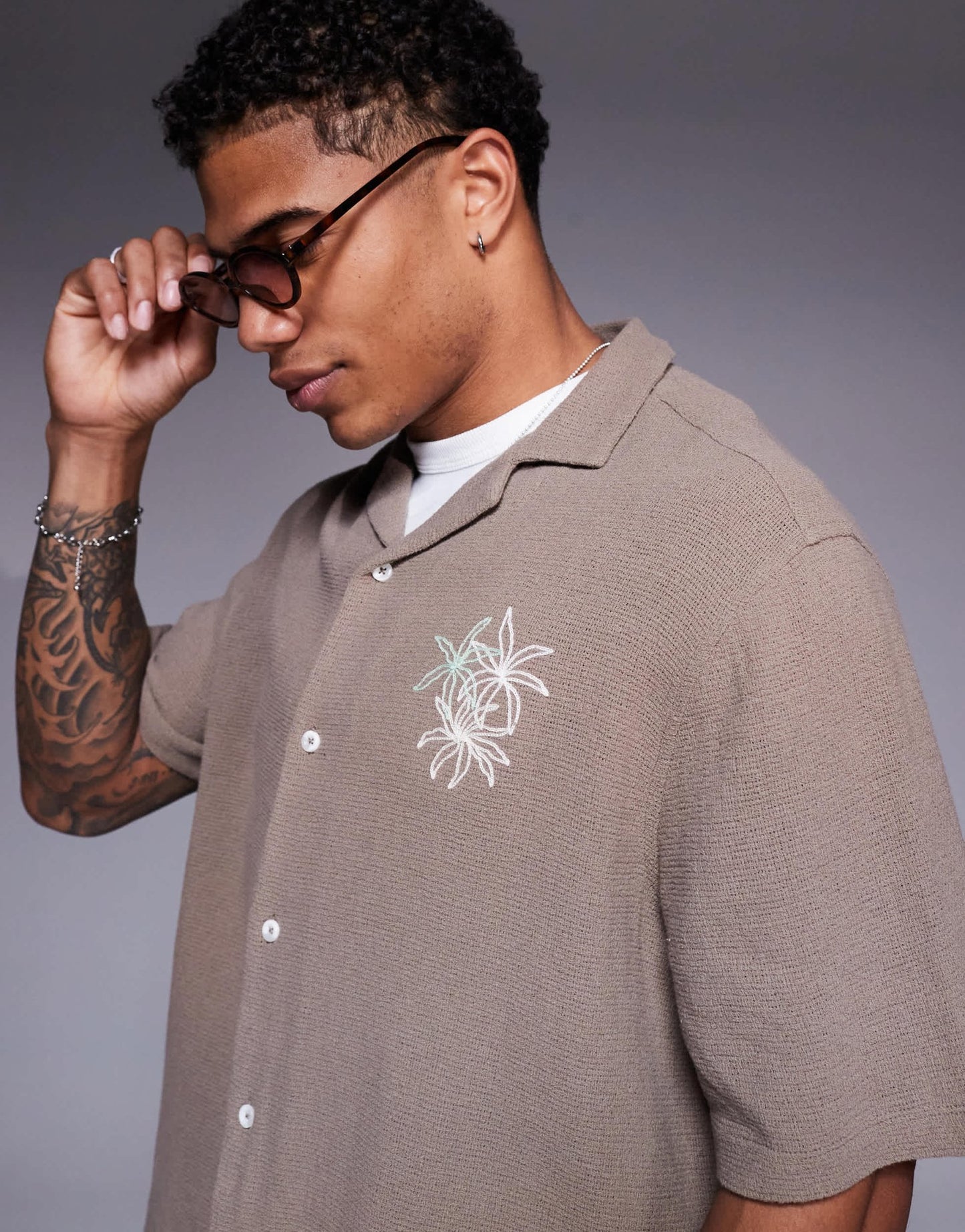 ASOS DESIGN boxy revere shirt with chest embroidery in green - ASOS Sample Sale