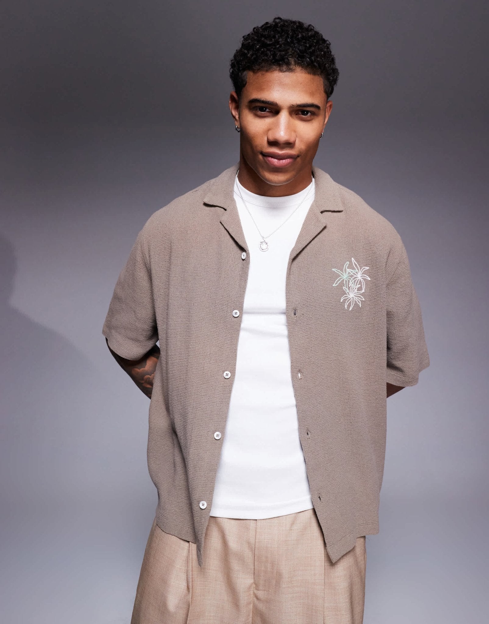 ASOS DESIGN boxy revere shirt with chest embroidery in green - ASOS Sample Sale