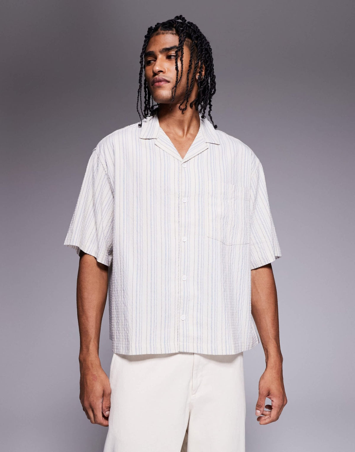 ASOS DESIGN boxy volume oversized seersucker shirt in blue stripe - ASOS Sample Sale