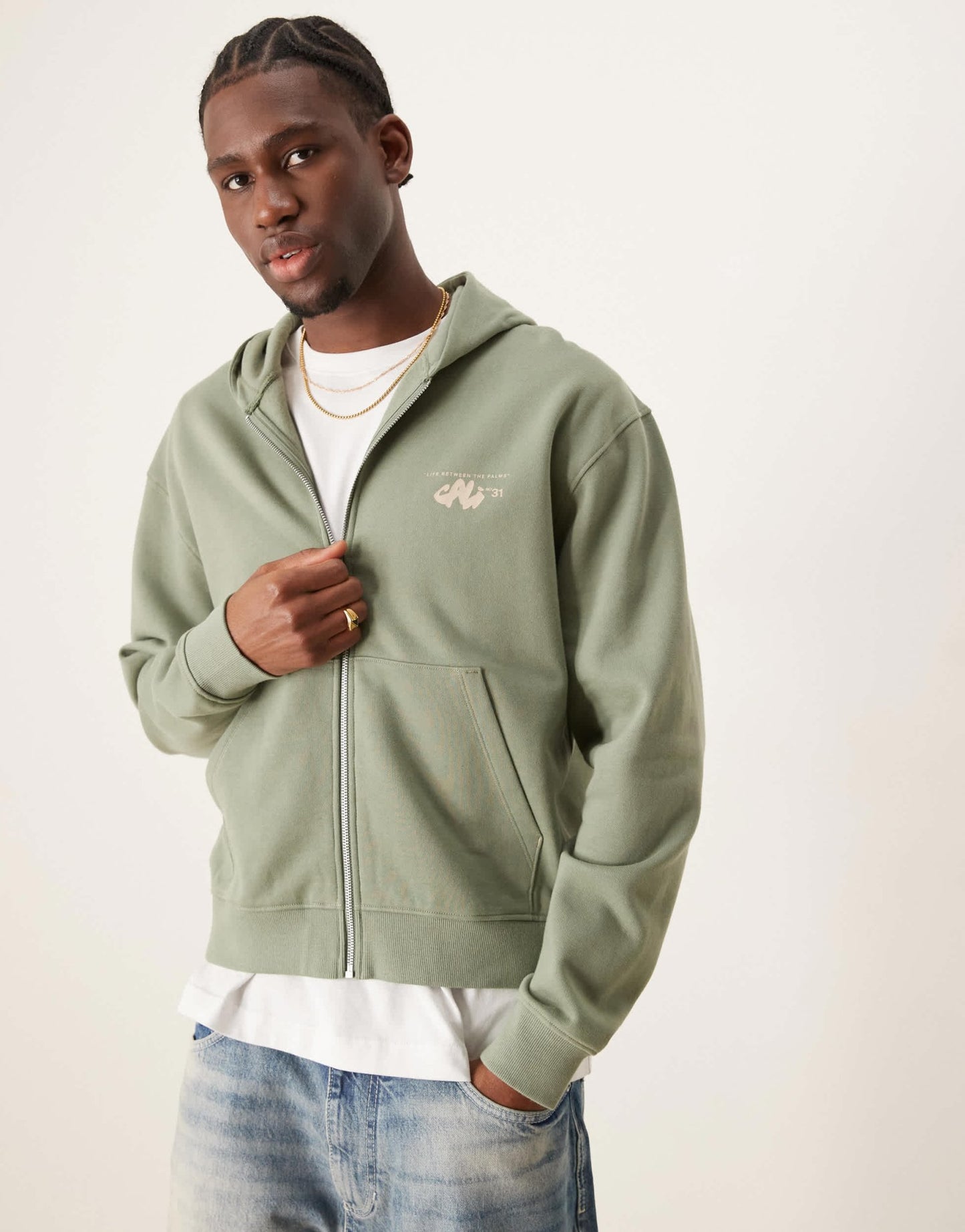 ASOS DESIGN boxy zip through hoodie with chest and back print in dusty green - ASOS Sample Sale