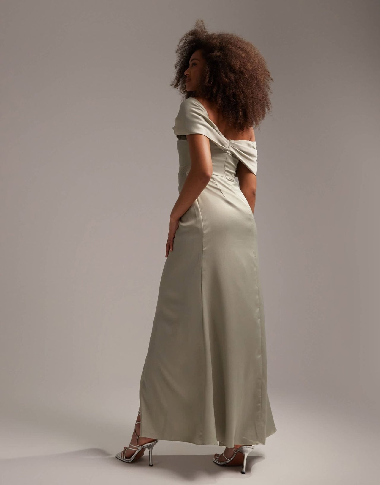 ASOS DESIGN Bridesmaid satin bardot drape wrap maxi dress in sage green - ASOS Sample Sale