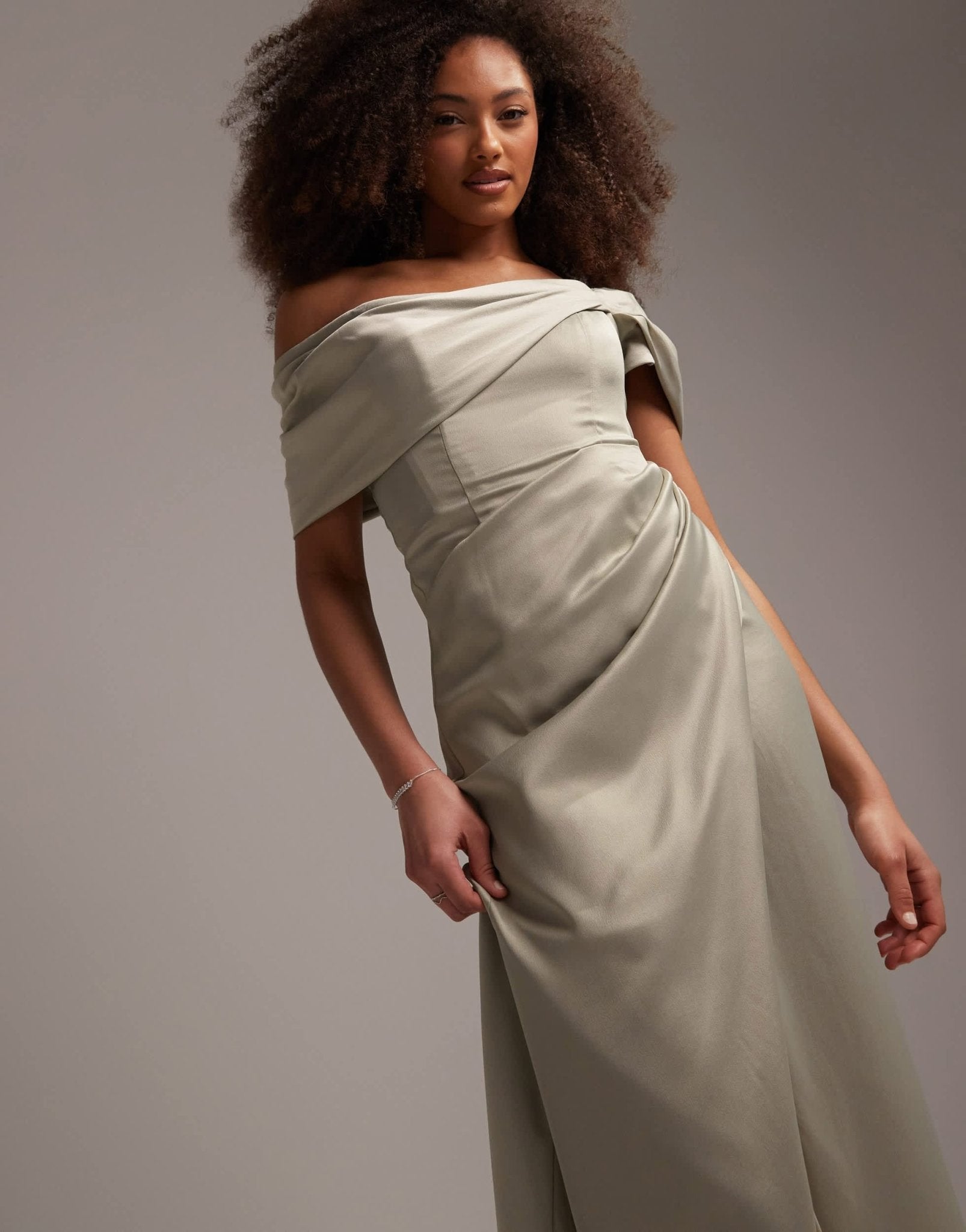 ASOS DESIGN Bridesmaid satin bardot drape wrap maxi dress in sage green - ASOS Sample Sale