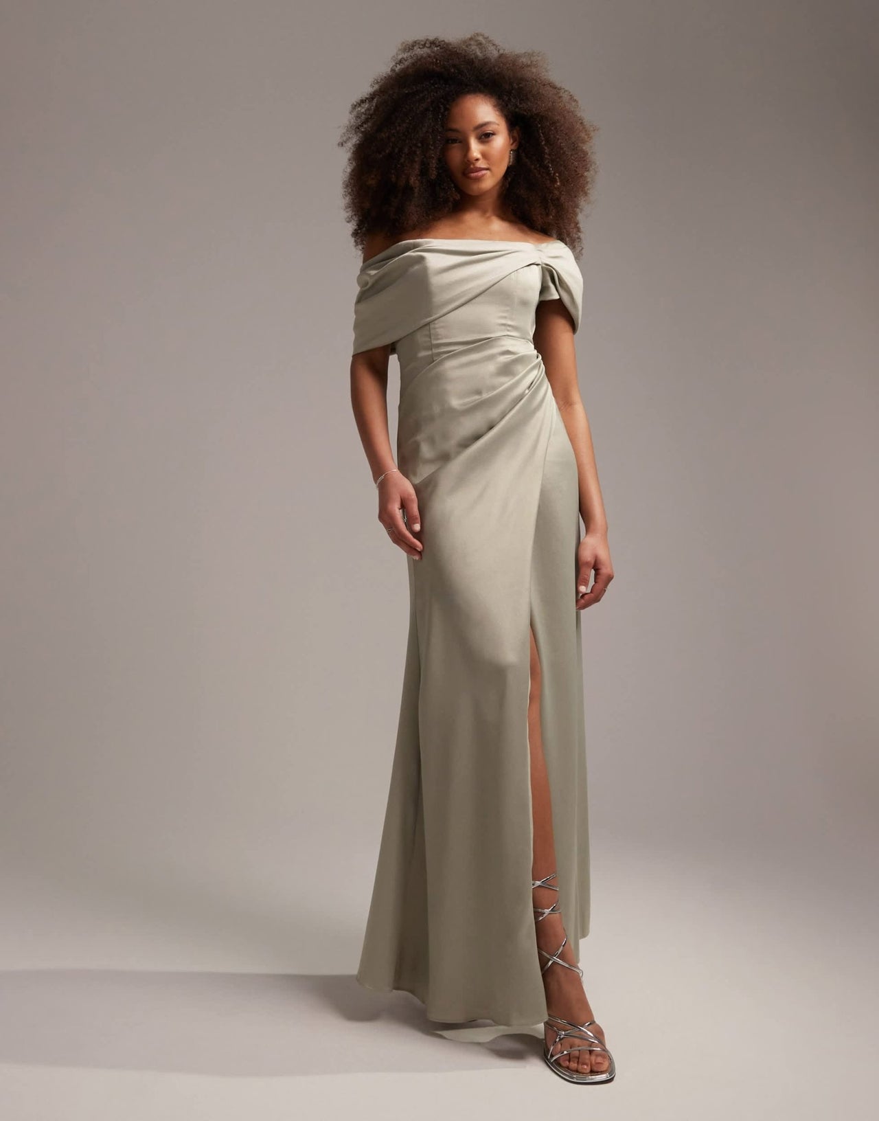 ASOS DESIGN Bridesmaid satin bardot drape wrap maxi dress in sage green - ASOS Sample Sale