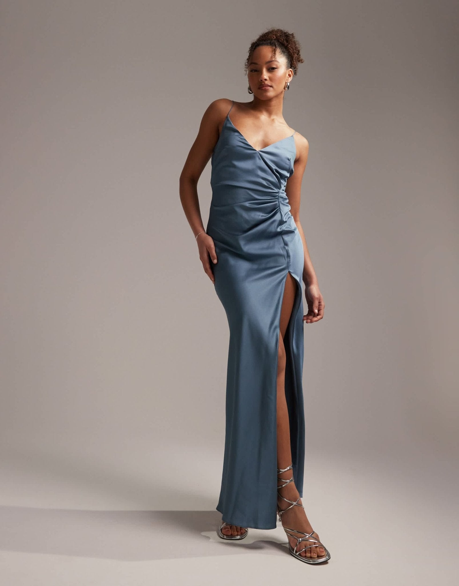 ASOS DESIGN Bridesmaid satin cami maxi dress with drape detail in dusky blue - ASOS Sample Sale
