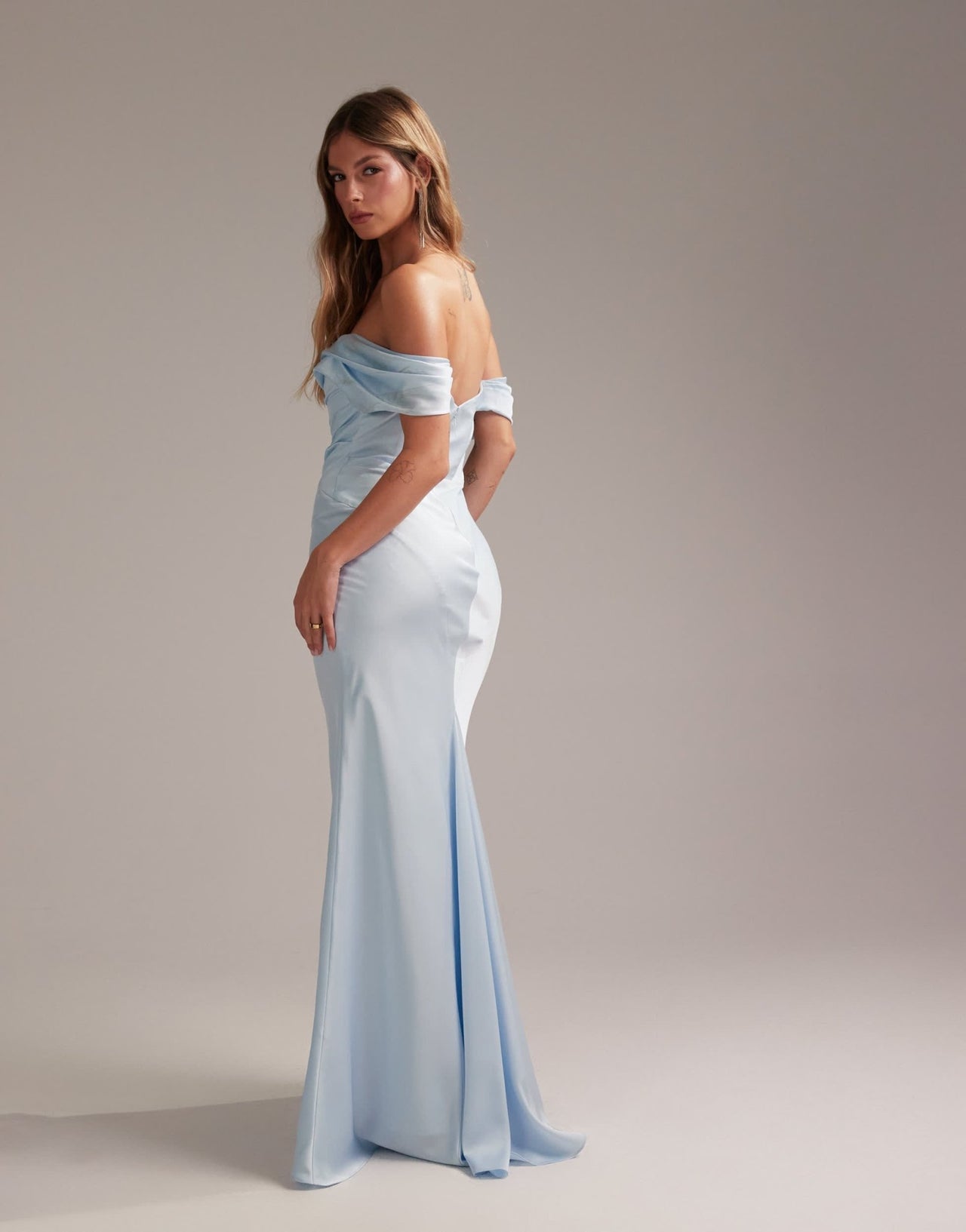 ASOS DESIGN Bridesmaids bardot satin maxi dress in light blue - ASOS Sample Sale