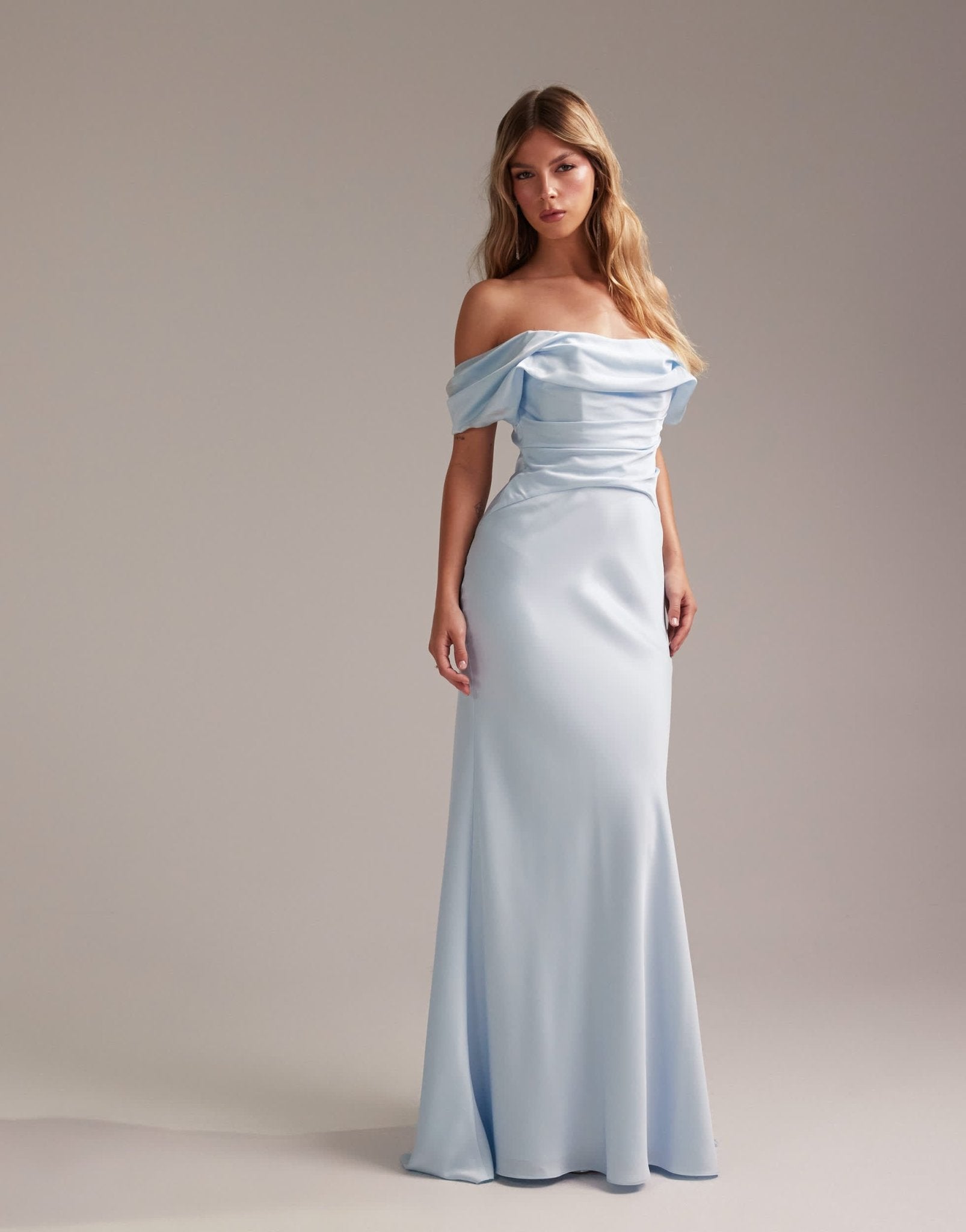 ASOS DESIGN Bridesmaids bardot satin maxi dress in light blue - ASOS Sample Sale