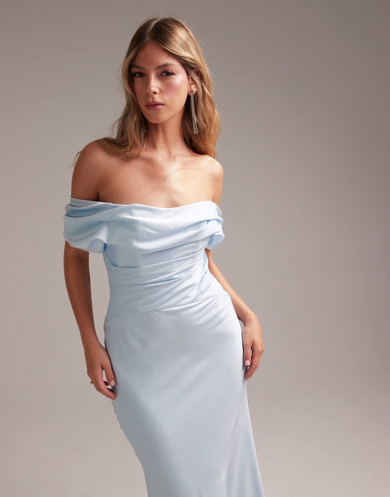 ASOS DESIGN Bridesmaids bardot satin maxi dress in light blue - ASOS Sample Sale