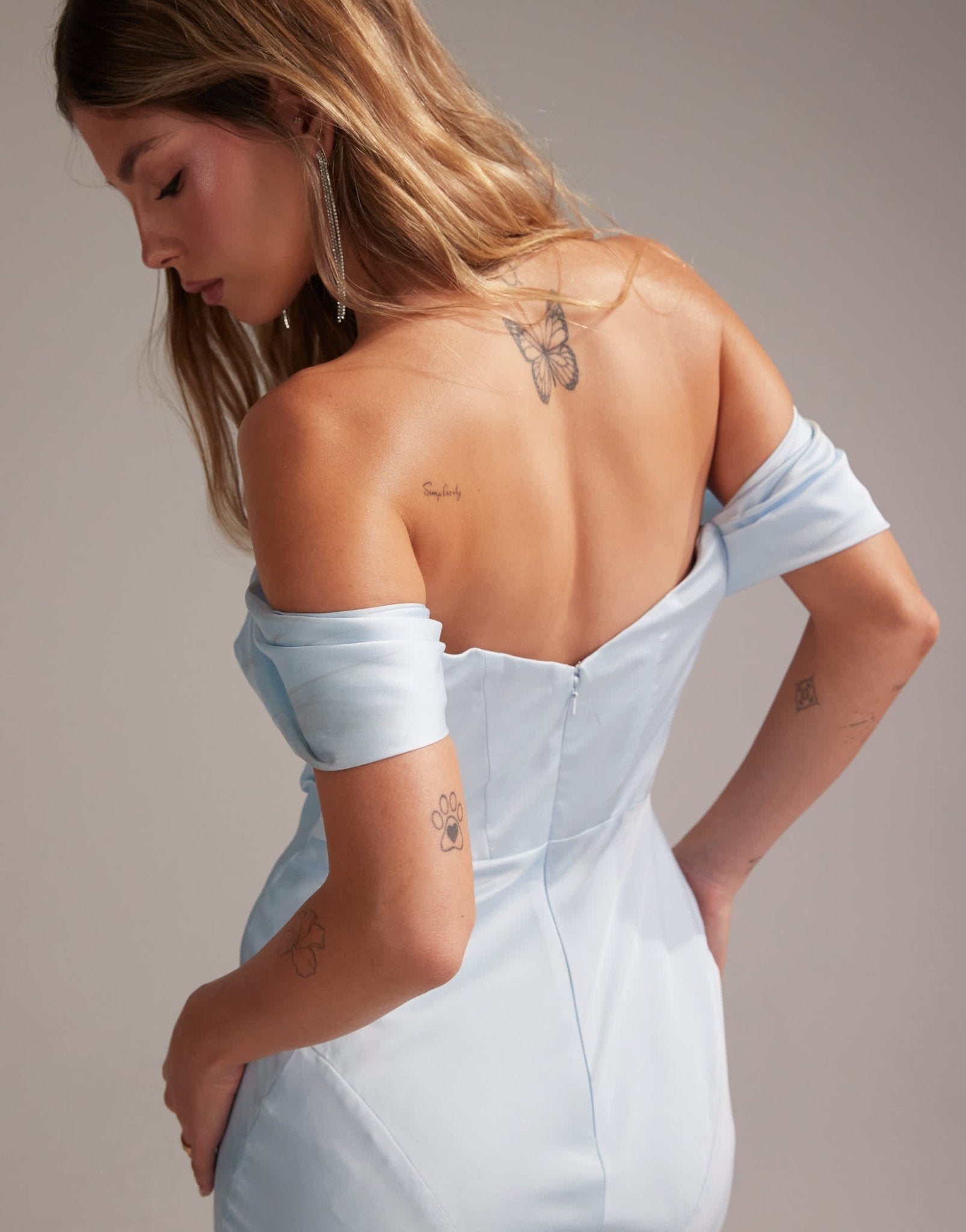 ASOS DESIGN Bridesmaids bardot satin maxi dress in light blue - ASOS Sample Sale