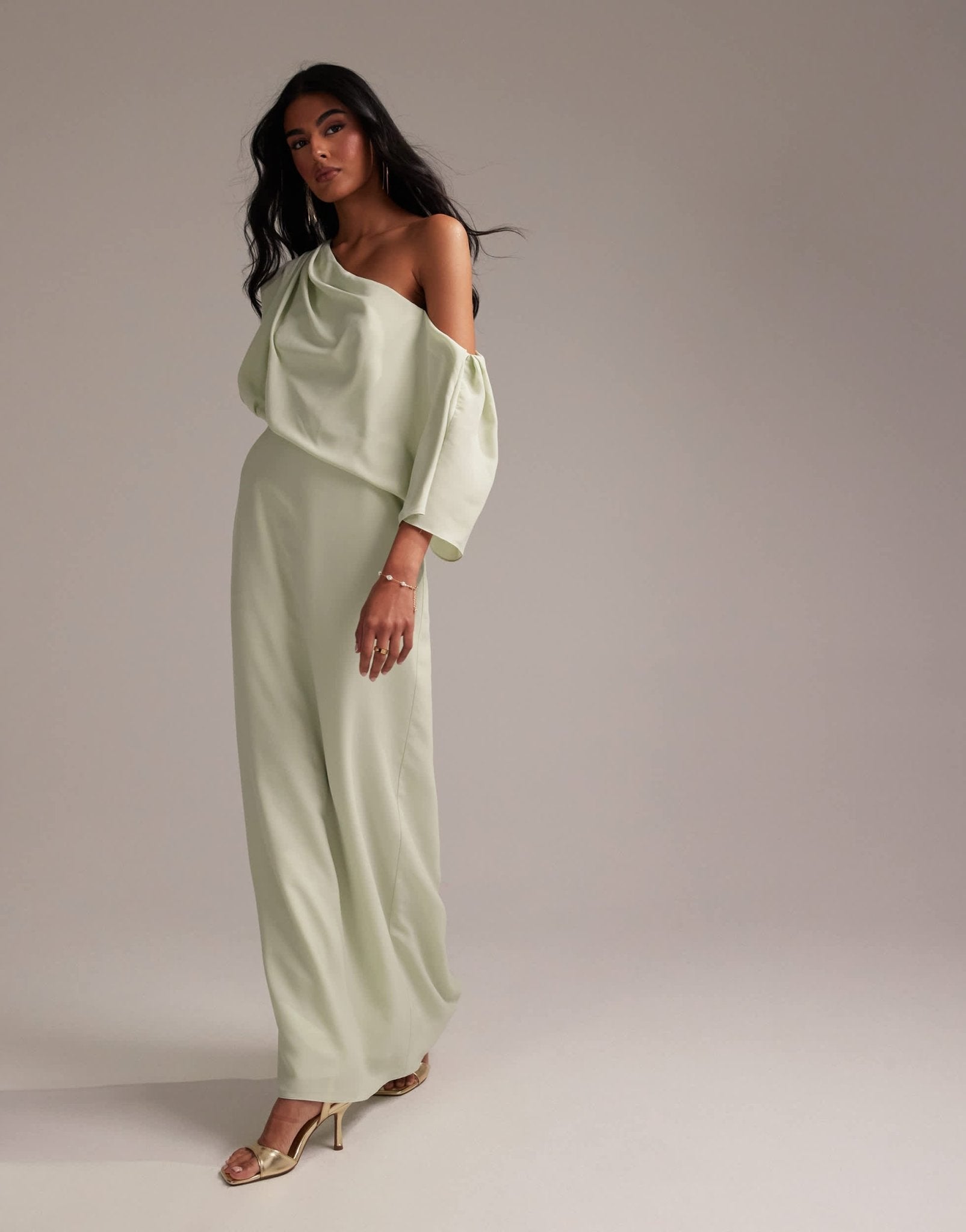 ASOS DESIGN Bridesmaids crepe one shoulder draped maxi dress in light green - ASOS Sample Sale
