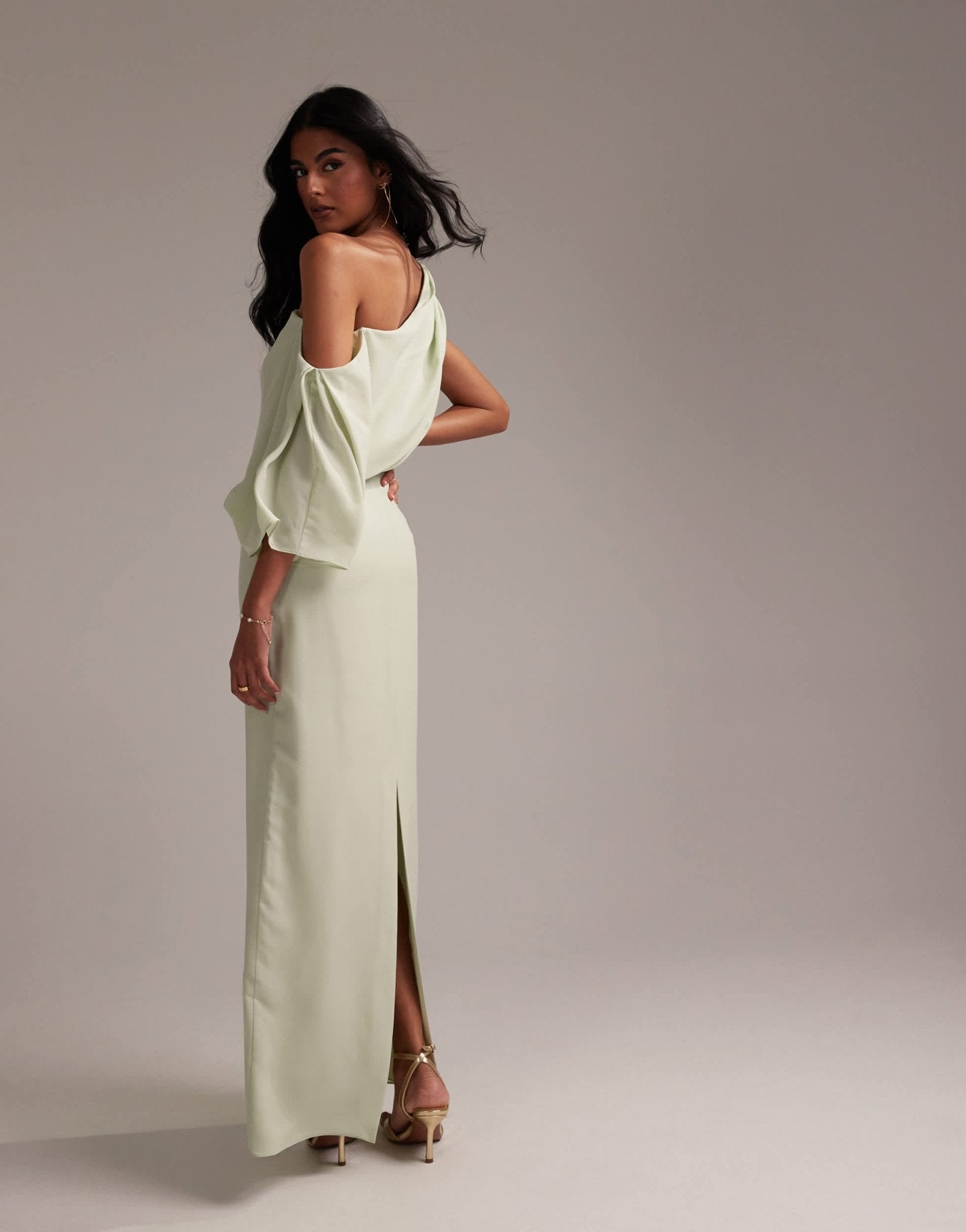 ASOS DESIGN Bridesmaids crepe one shoulder draped maxi dress in light green - ASOS Sample Sale