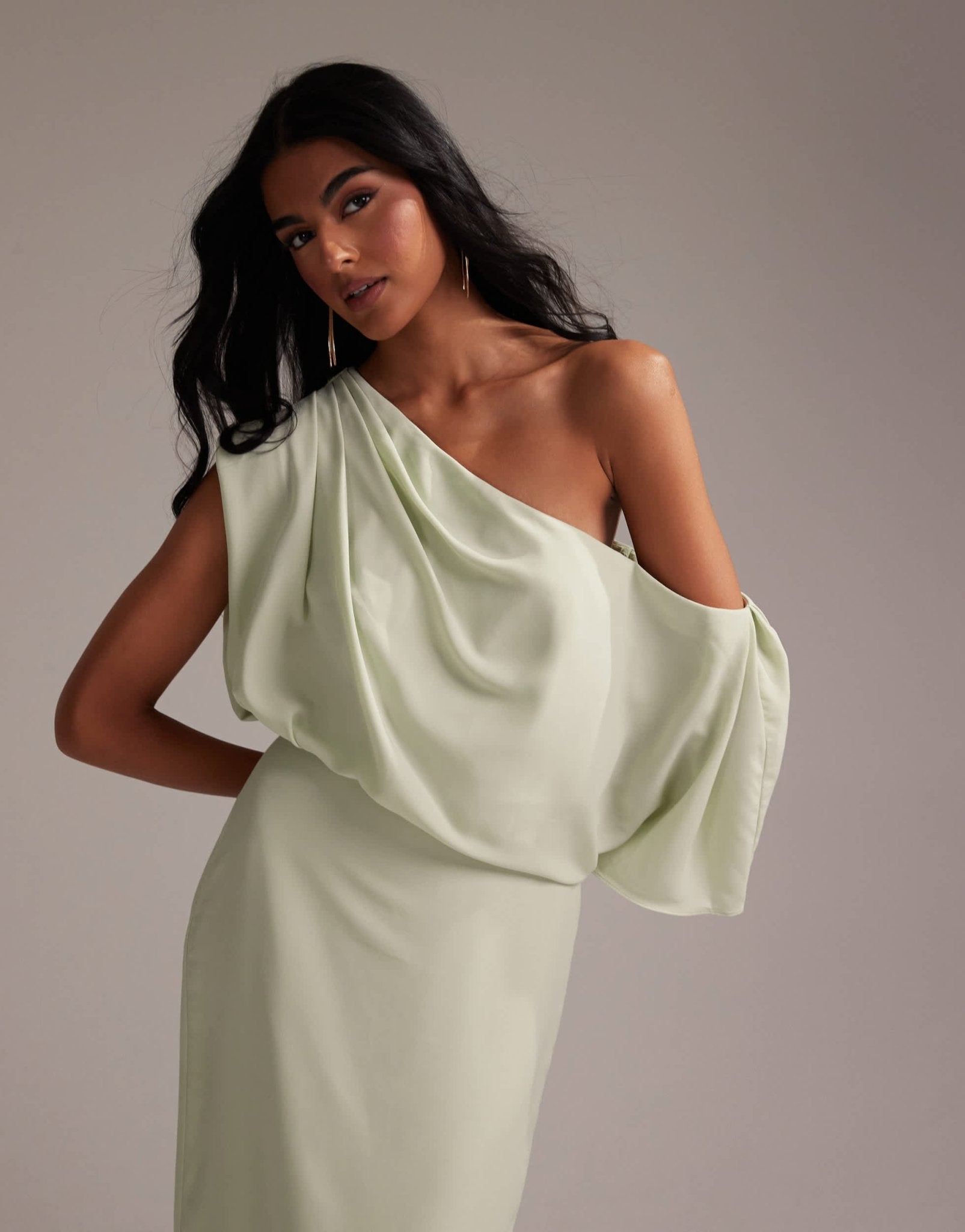 ASOS DESIGN Bridesmaids crepe one shoulder draped maxi dress in light green - ASOS Sample Sale