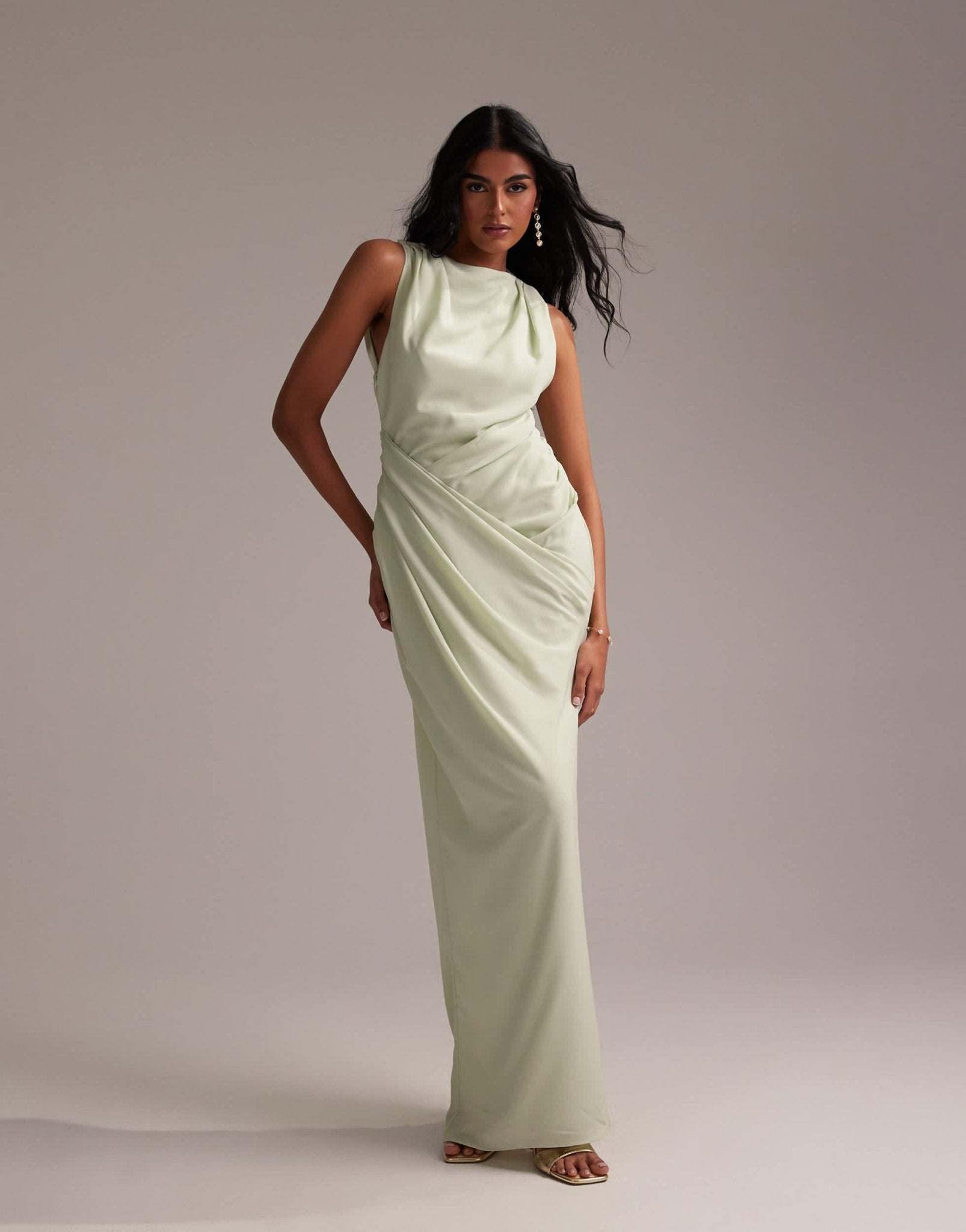 ASOS DESIGN Bridesmaids draped overlay crepe maxi dress in light green - ASOS Sample Sale