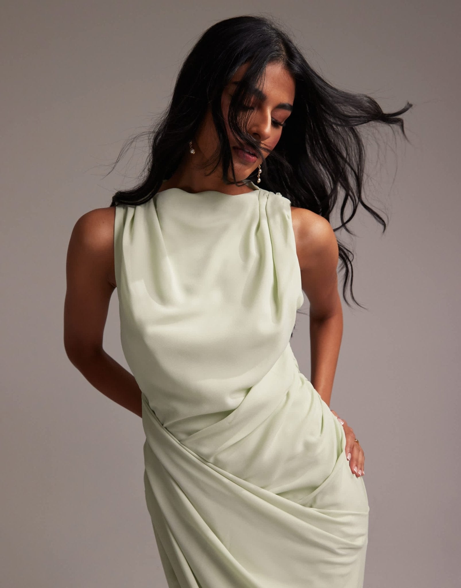 ASOS DESIGN Bridesmaids draped overlay crepe maxi dress in light green - ASOS Sample Sale