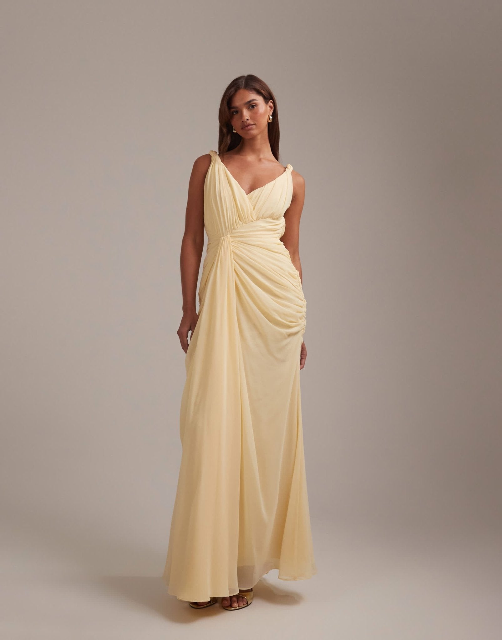 ASOS DESIGN bridesmaids gathered twisted strap maxi dress in yellow – ASOS Sample Sale