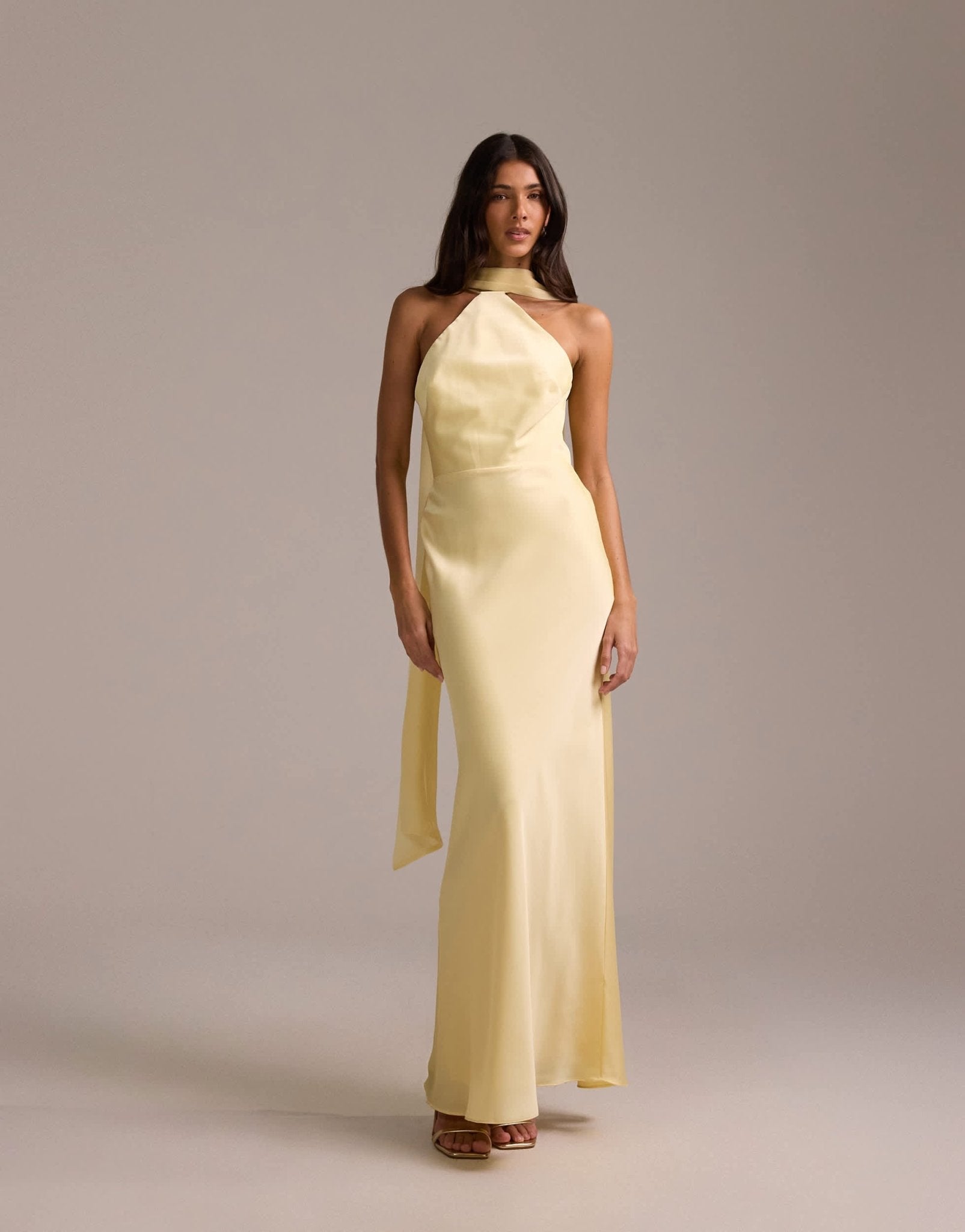 ASOS DESIGN bridesmaids halter neck satin maxi dress with scarf detail in lemon - ASOS Sample Sale