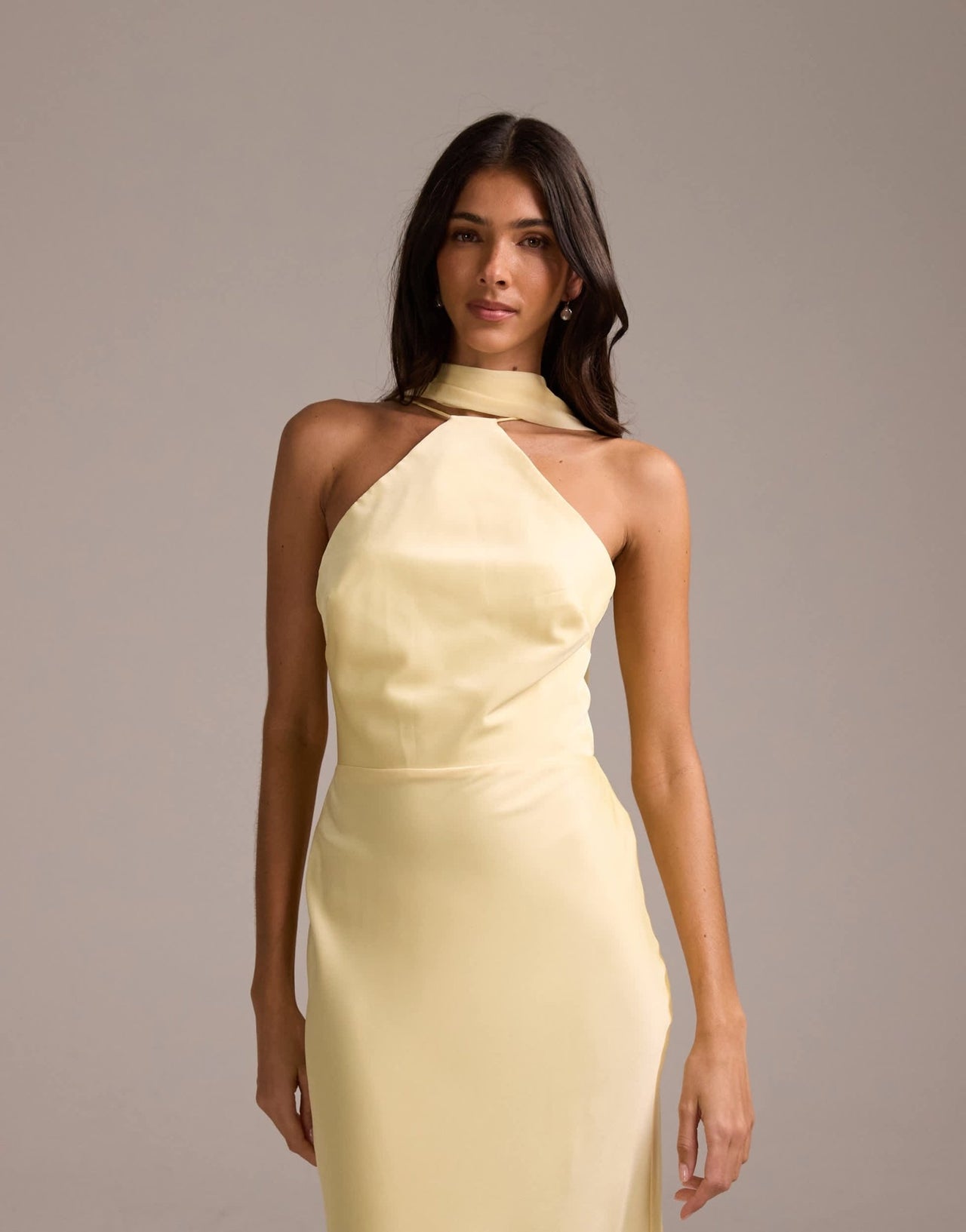 ASOS DESIGN bridesmaids halter neck satin maxi dress with scarf detail in lemon - ASOS Sample Sale
