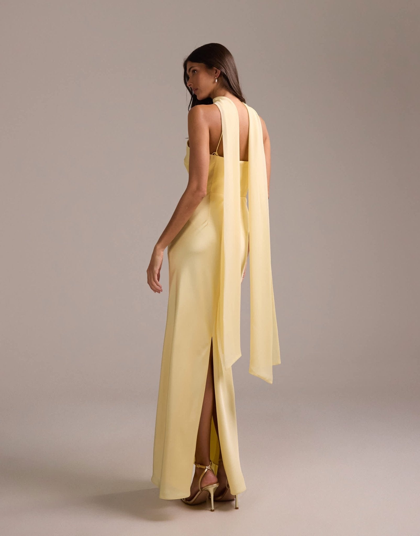 ASOS DESIGN bridesmaids halter neck satin maxi dress with scarf detail in lemon - ASOS Sample Sale