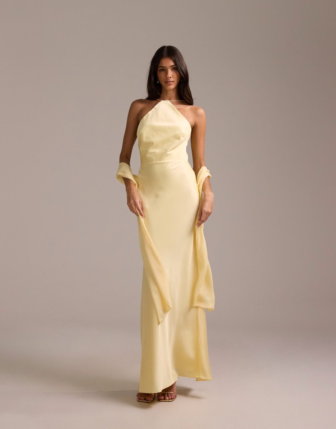 ASOS DESIGN bridesmaids halter neck satin maxi dress with scarf detail in lemon - ASOS Sample Sale
