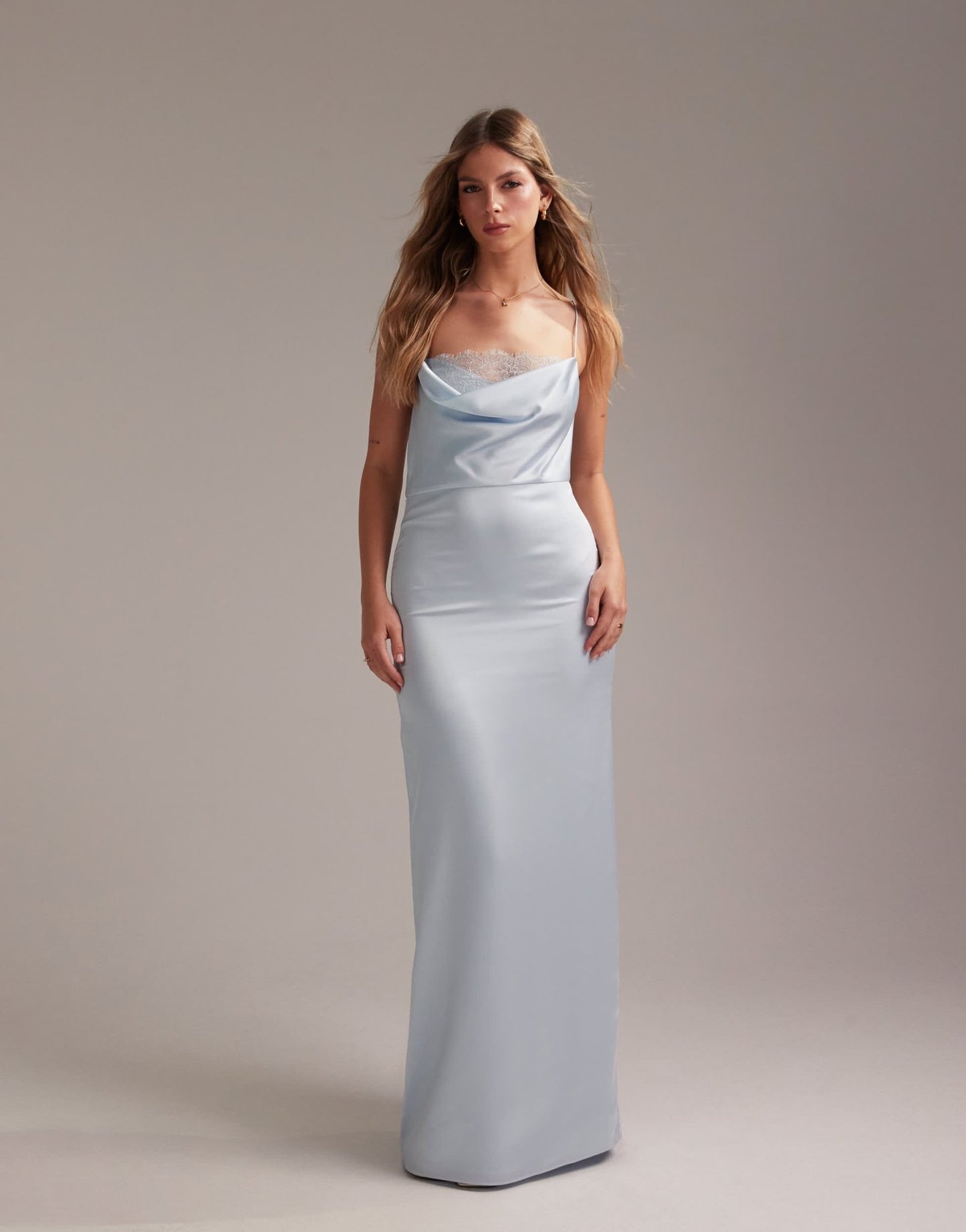 ASOS DESIGN Bridesmaids lace detail column satin maxi dress in light blue - ASOS Sample Sale