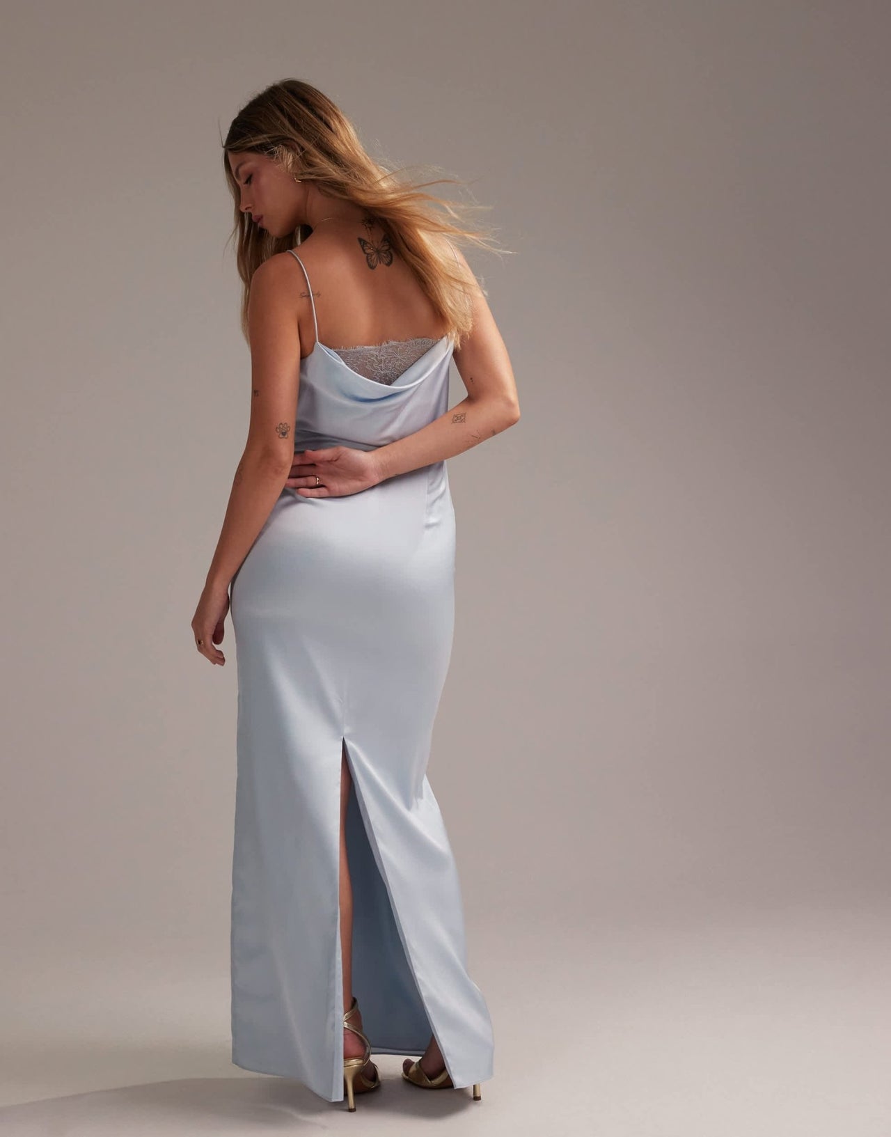 ASOS DESIGN Bridesmaids lace detail column satin maxi dress in light blue - ASOS Sample Sale