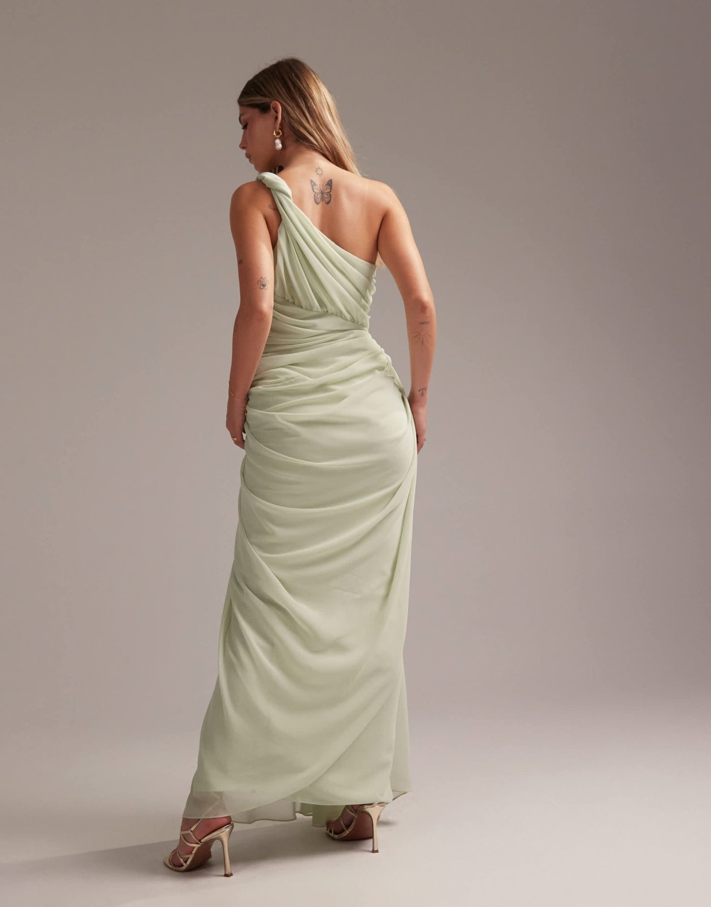 ASOS DESIGN Bridesmaids one shoulder draped twist detail midaxi dress in light green - ASOS Sample Sale