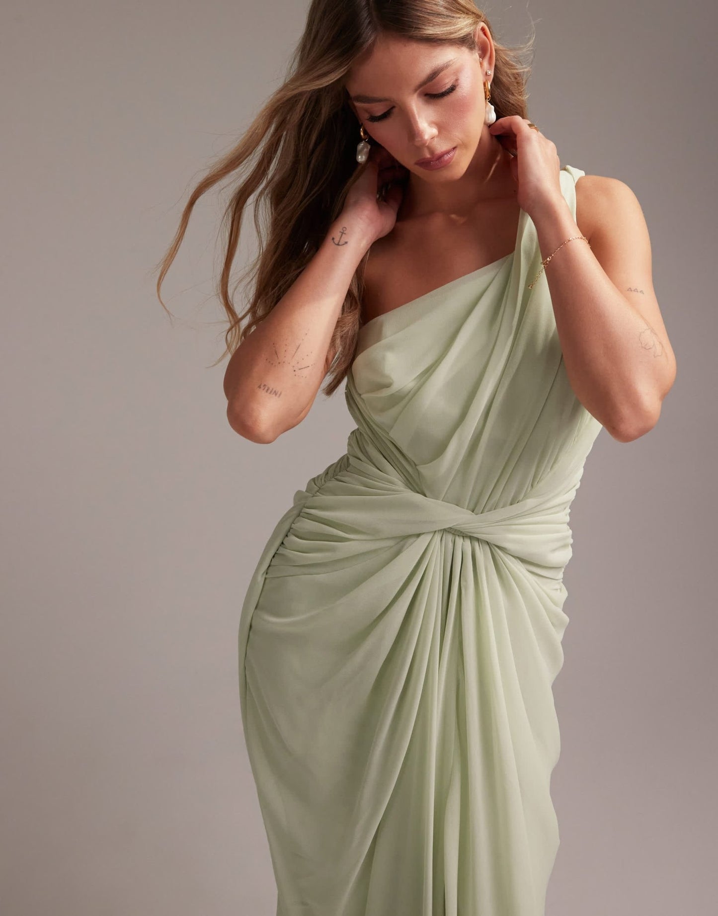 ASOS DESIGN Bridesmaids one shoulder draped twist detail midaxi dress in light green - ASOS Sample Sale